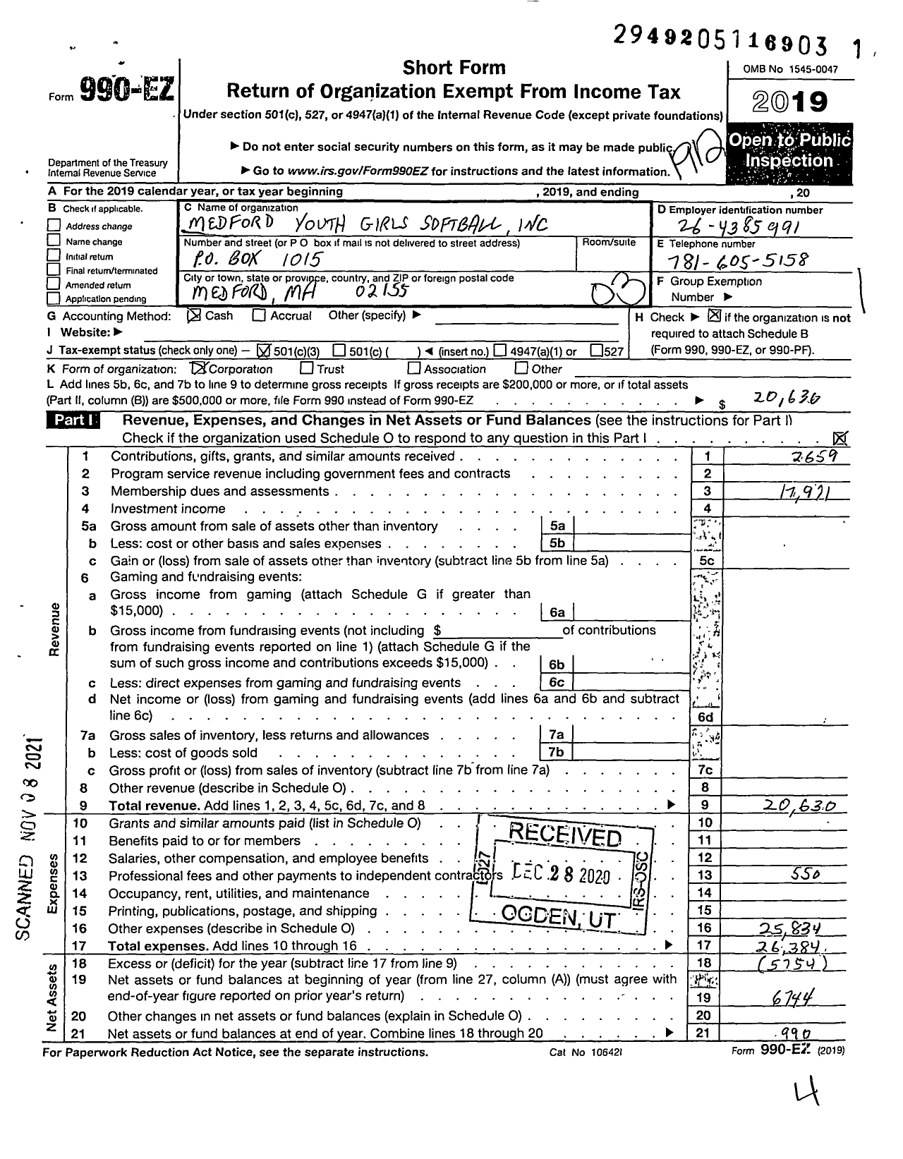 Image of first page of 2019 Form 990EZ for Medford Youth Girls Softball