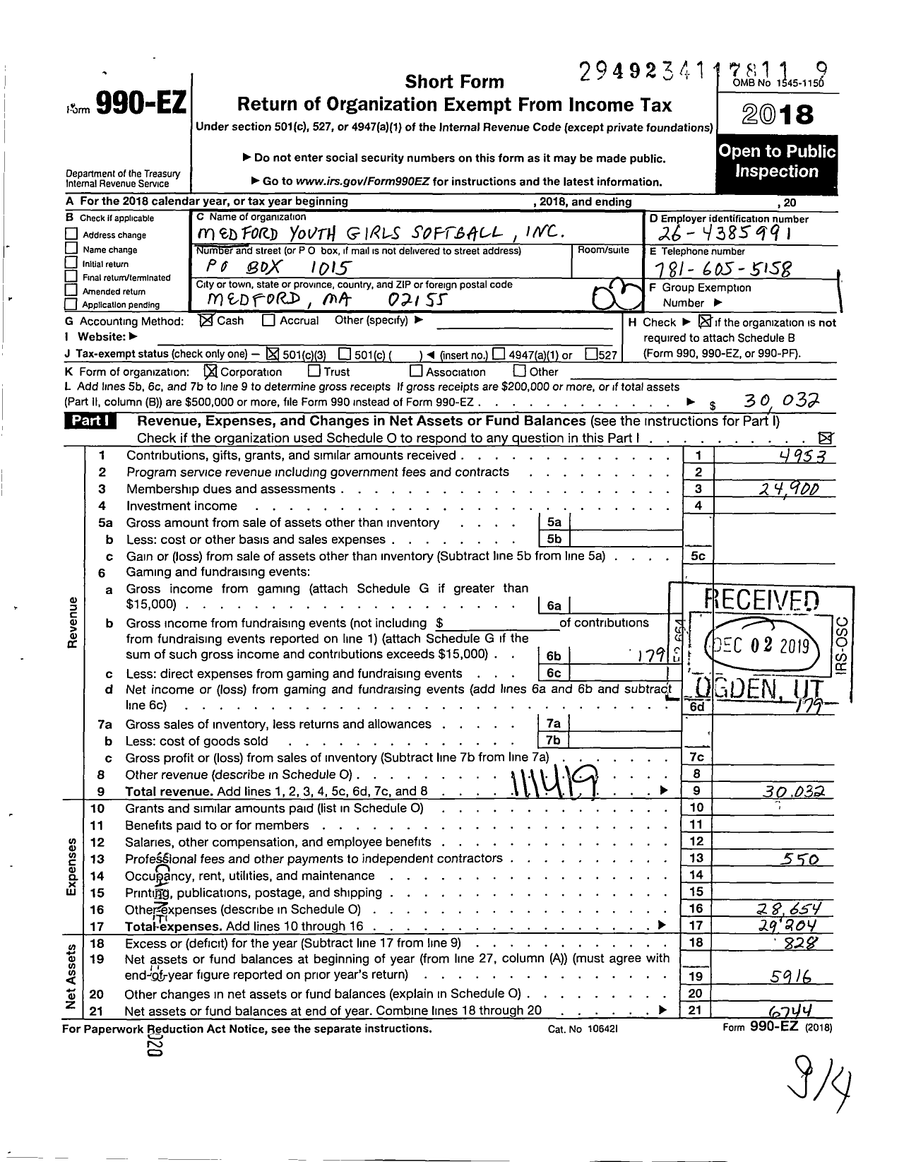 Image of first page of 2018 Form 990EZ for Medford Youth Girls Softball