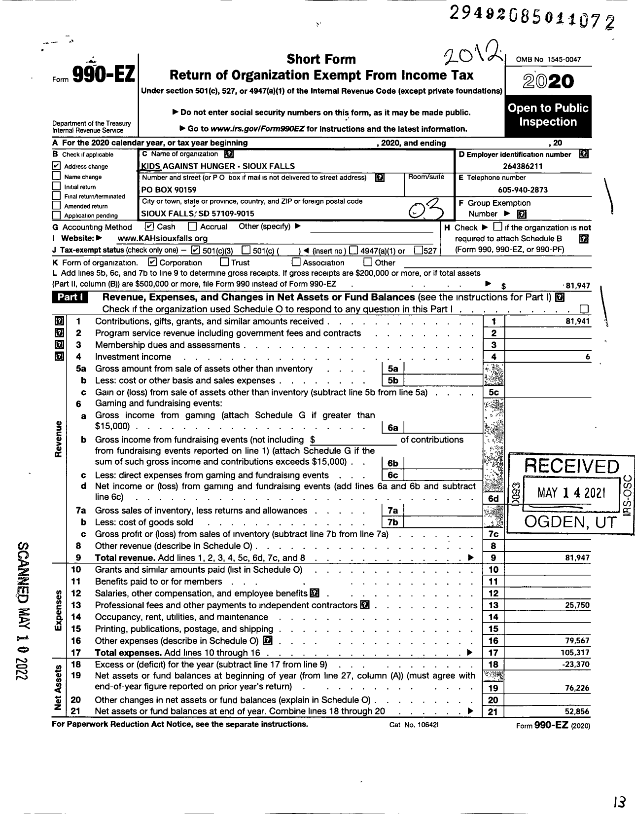 Image of first page of 2020 Form 990EZ for Kids Against Hunger-Sioux Falls