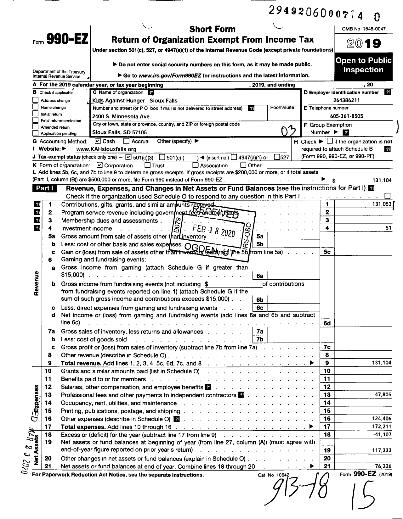 Image of first page of 2019 Form 990EZ for Kids Against Hunger-Sioux Falls