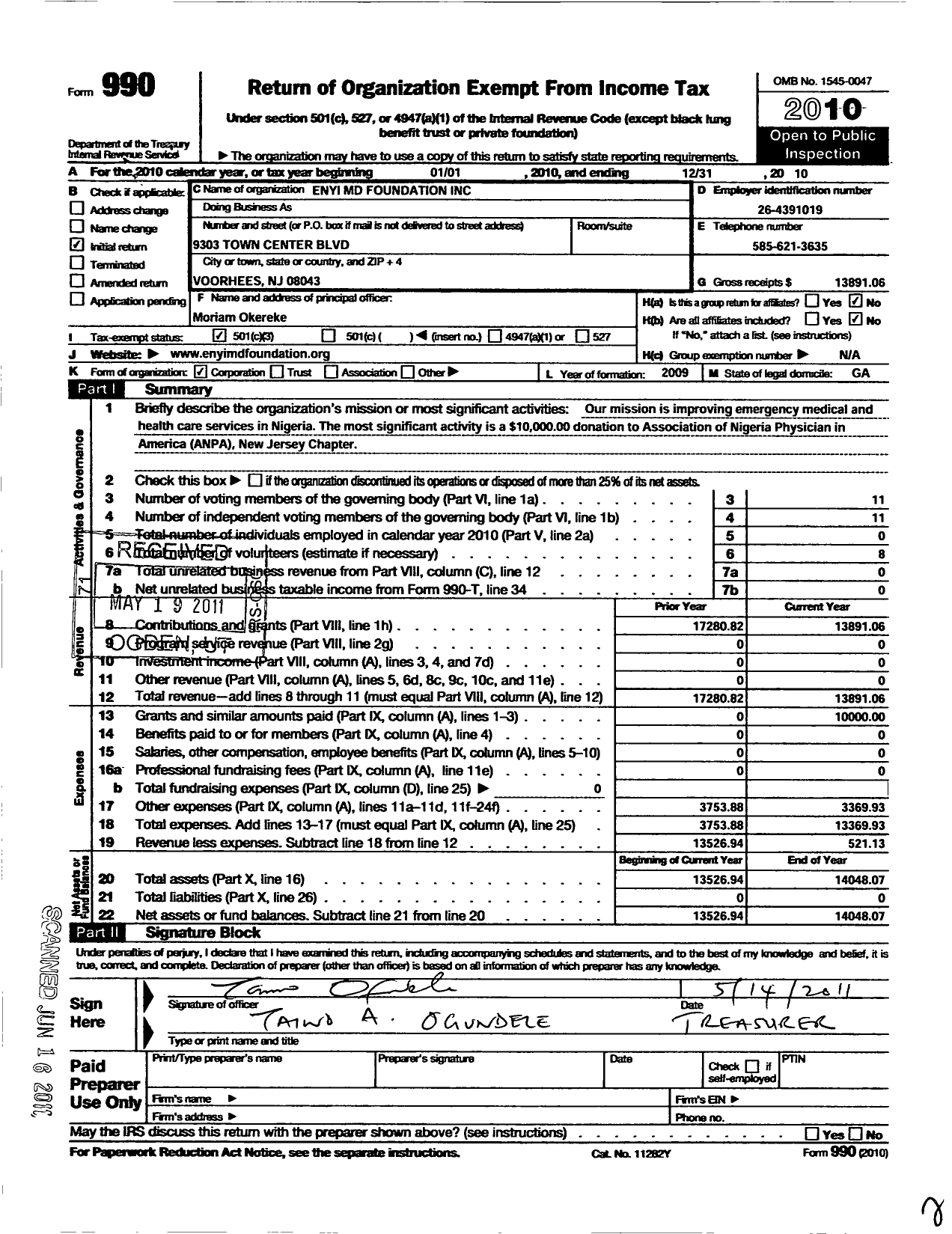 Image of first page of 2010 Form 990 for Enyi MD Foundation