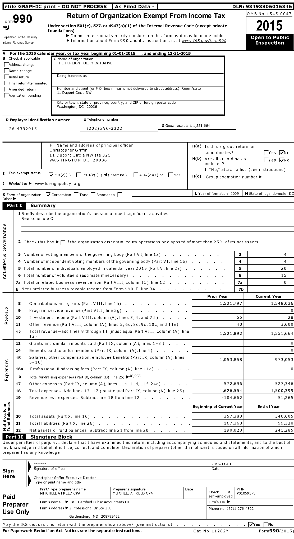 Image of first page of 2015 Form 990 for The Foreign Policy Initiative Co Kleinberg Kaplan