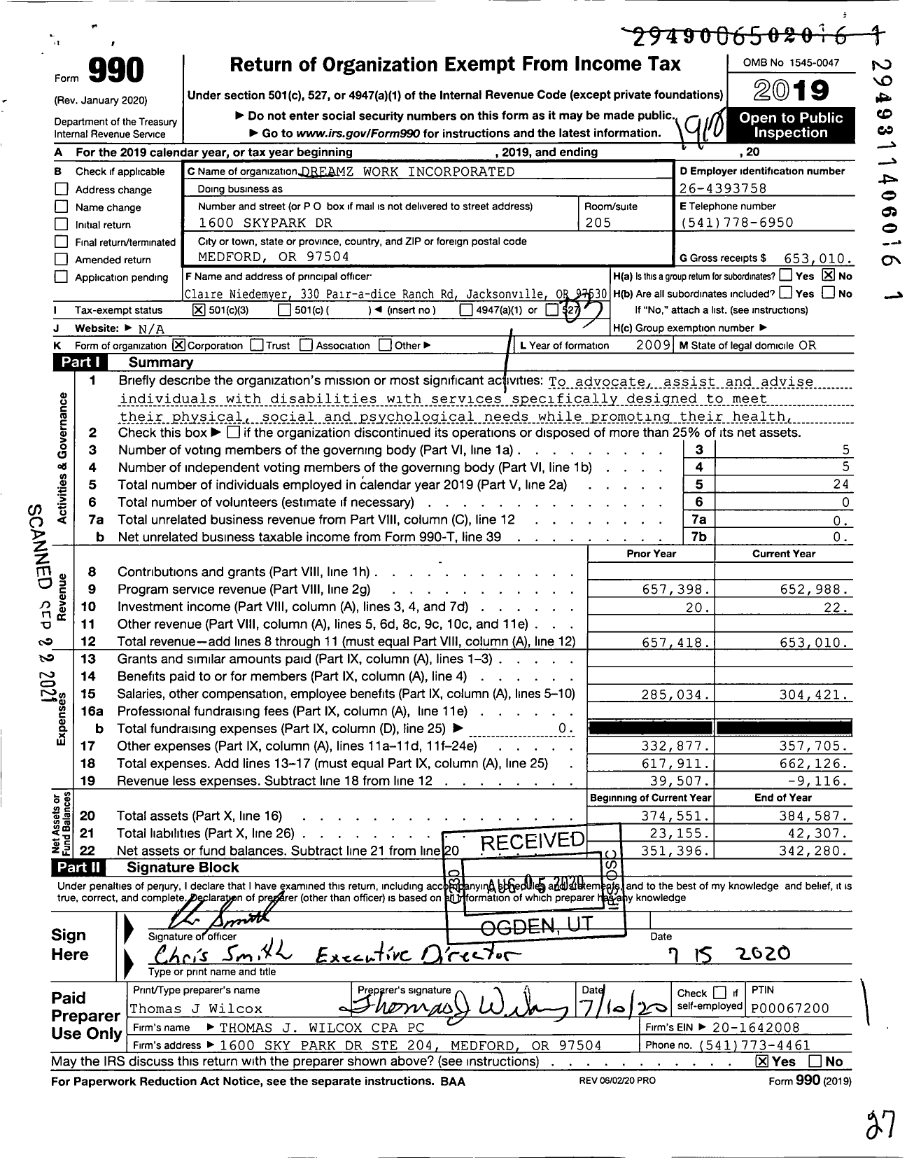 Image of first page of 2019 Form 990 for Dreamz Work Incorporated