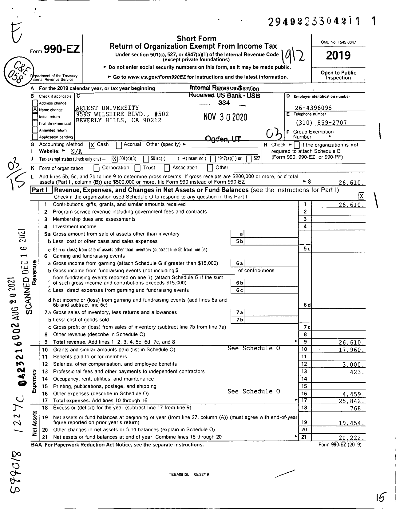 Image of first page of 2019 Form 990EZ for Artest University