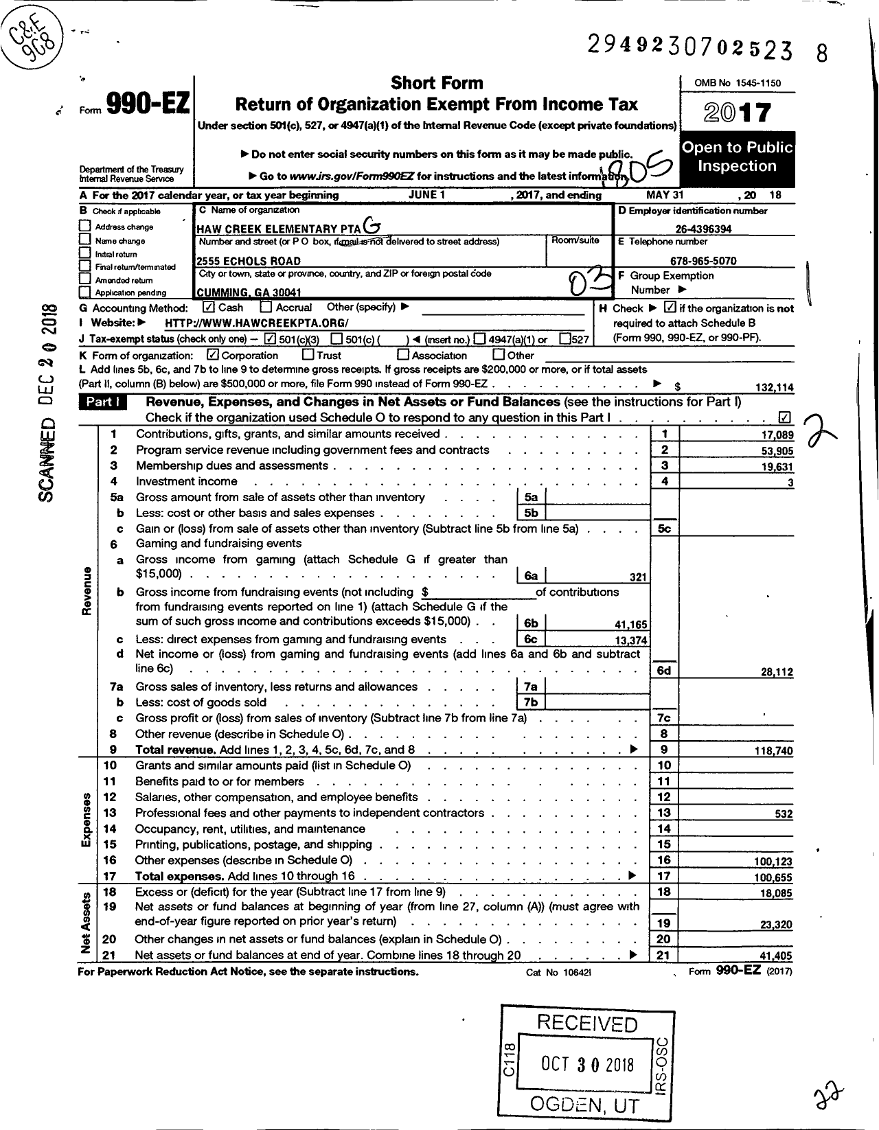 Image of first page of 2017 Form 990EZ for Georgia PTA - Haw Creek Es PTA