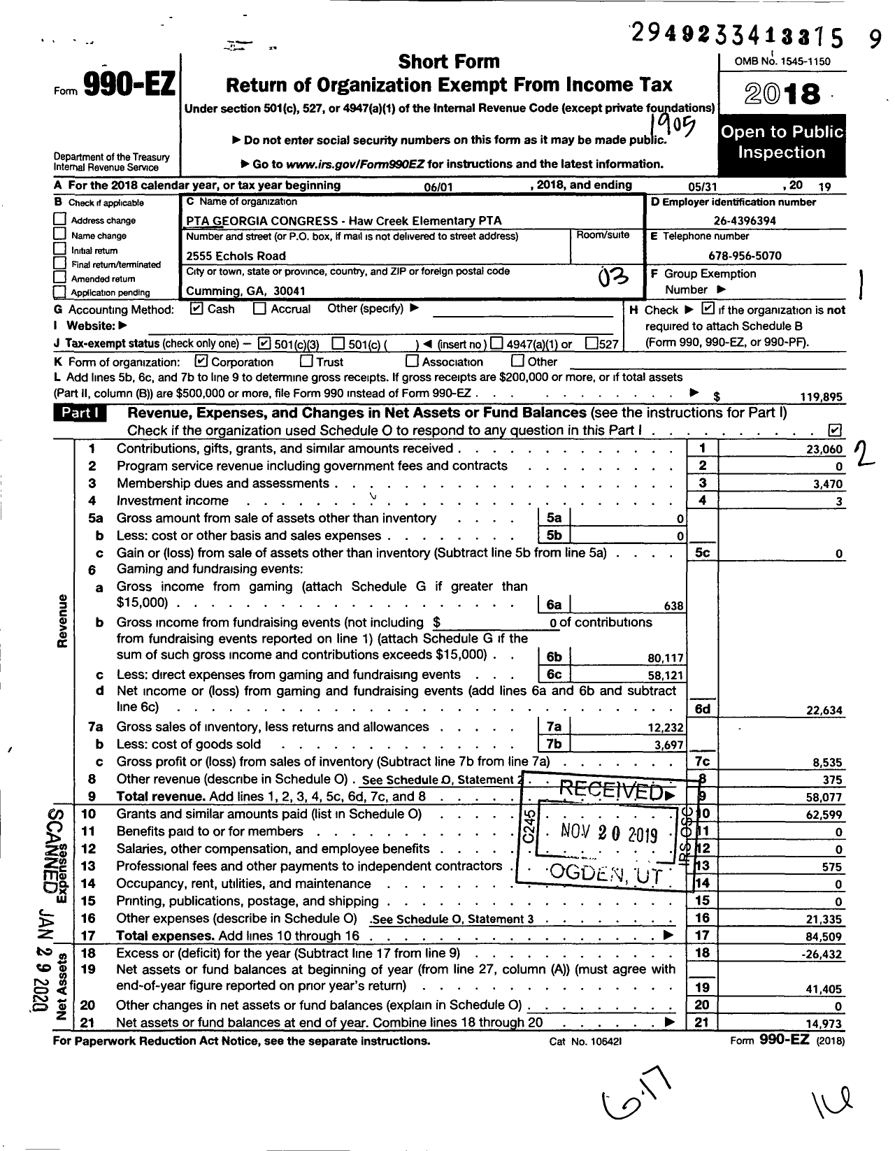 Image of first page of 2018 Form 990EZ for Georgia PTA - Haw Creek Es PTA