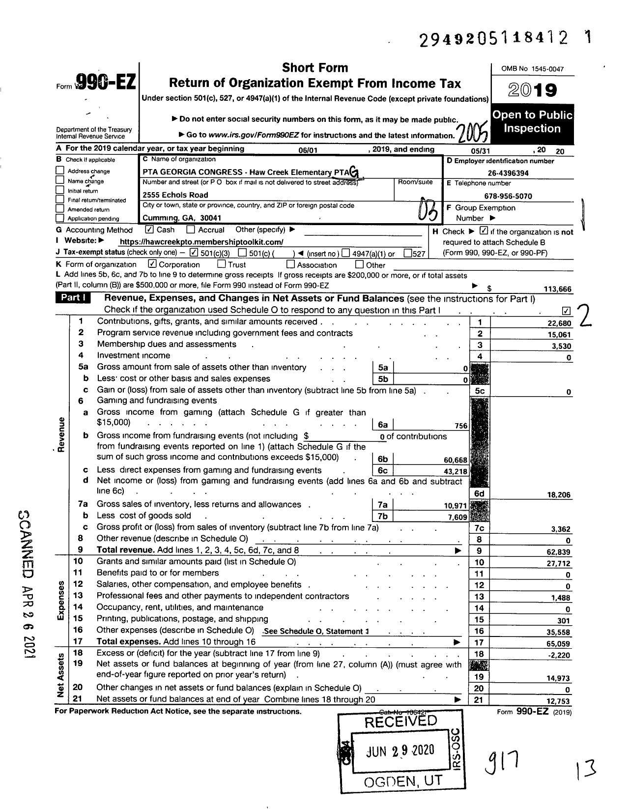 Image of first page of 2019 Form 990EZ for Georgia PTA - Haw Creek Es PTA