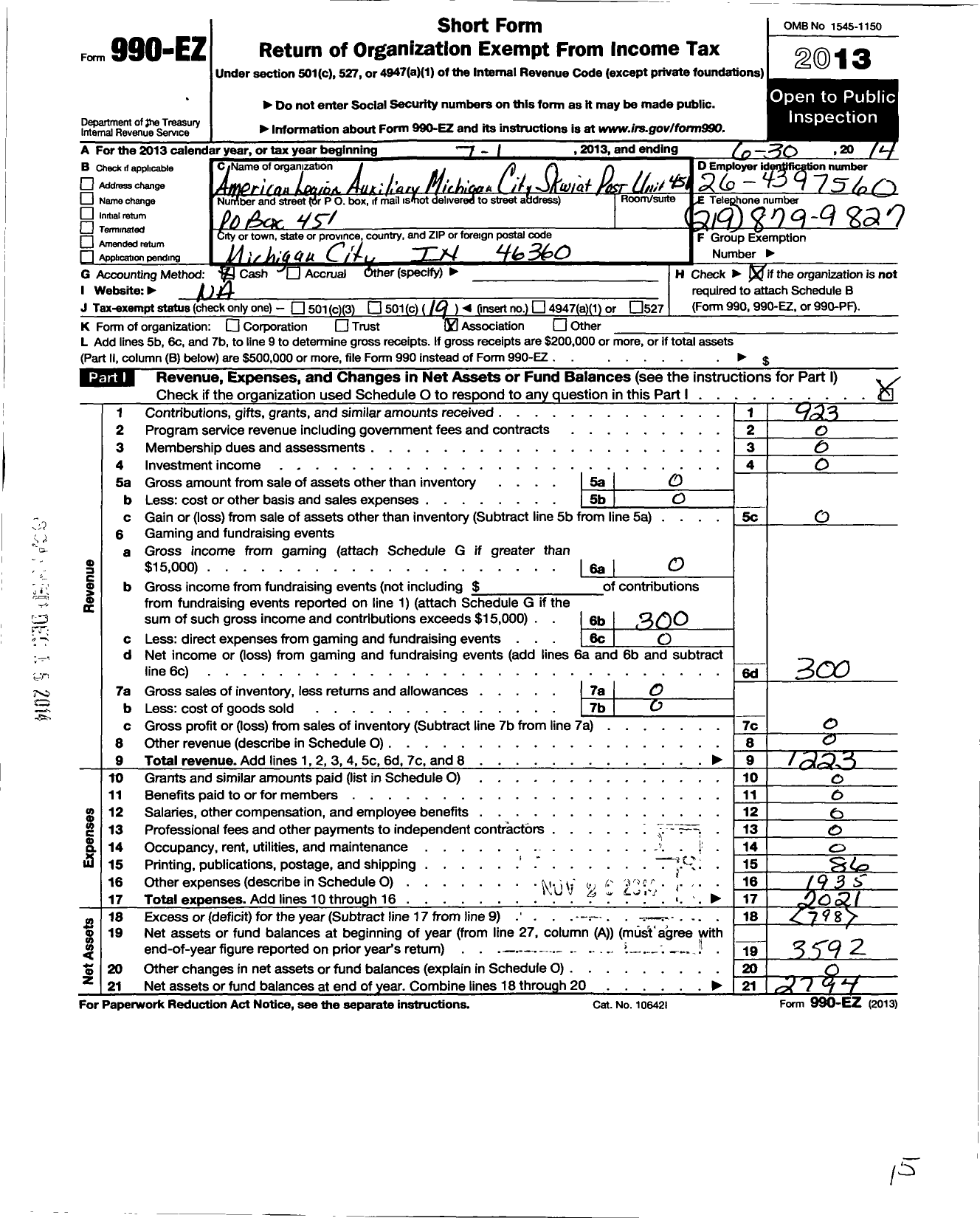 Image of first page of 2013 Form 990EO for American Legion Auxiliary Michigan City Skwiat Post Unit 451