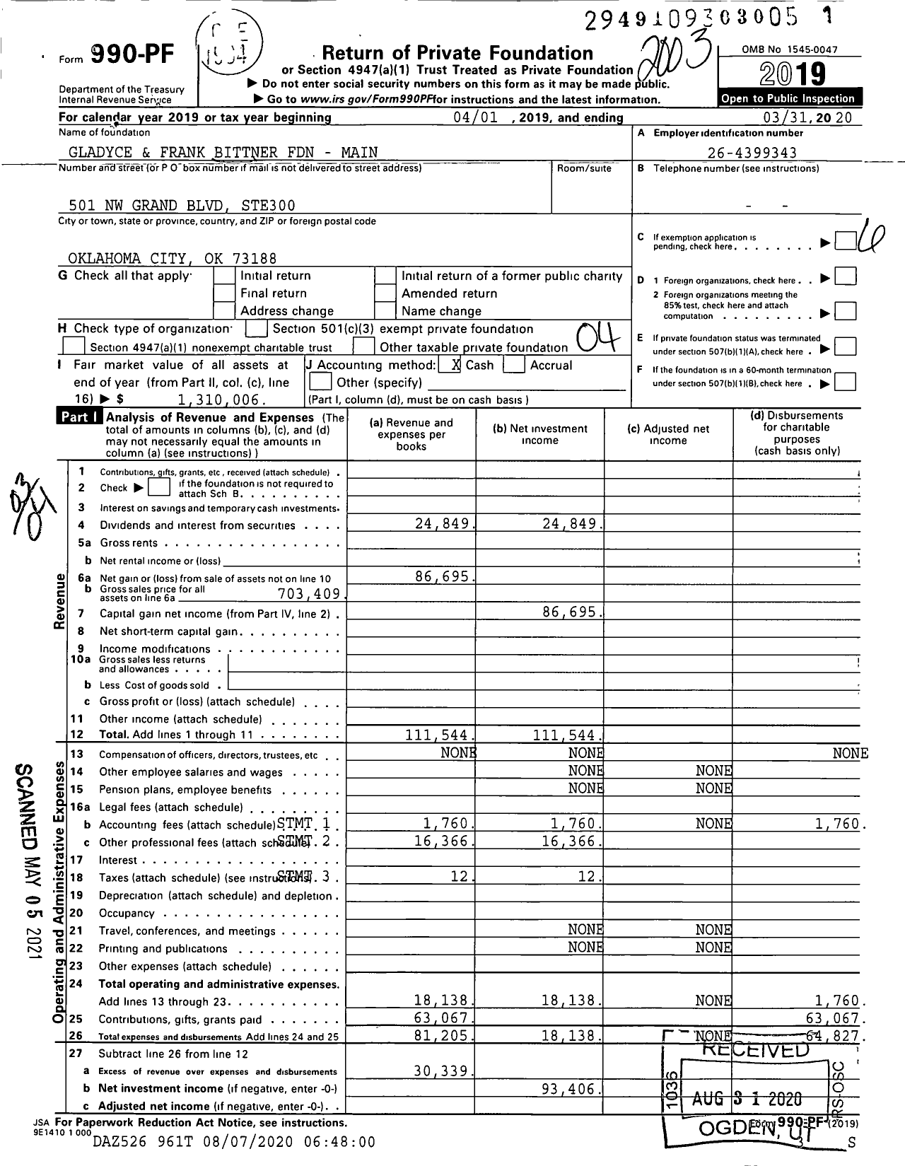 Image of first page of 2019 Form 990PF for Gladyce S and Frank D Bittner Foundation