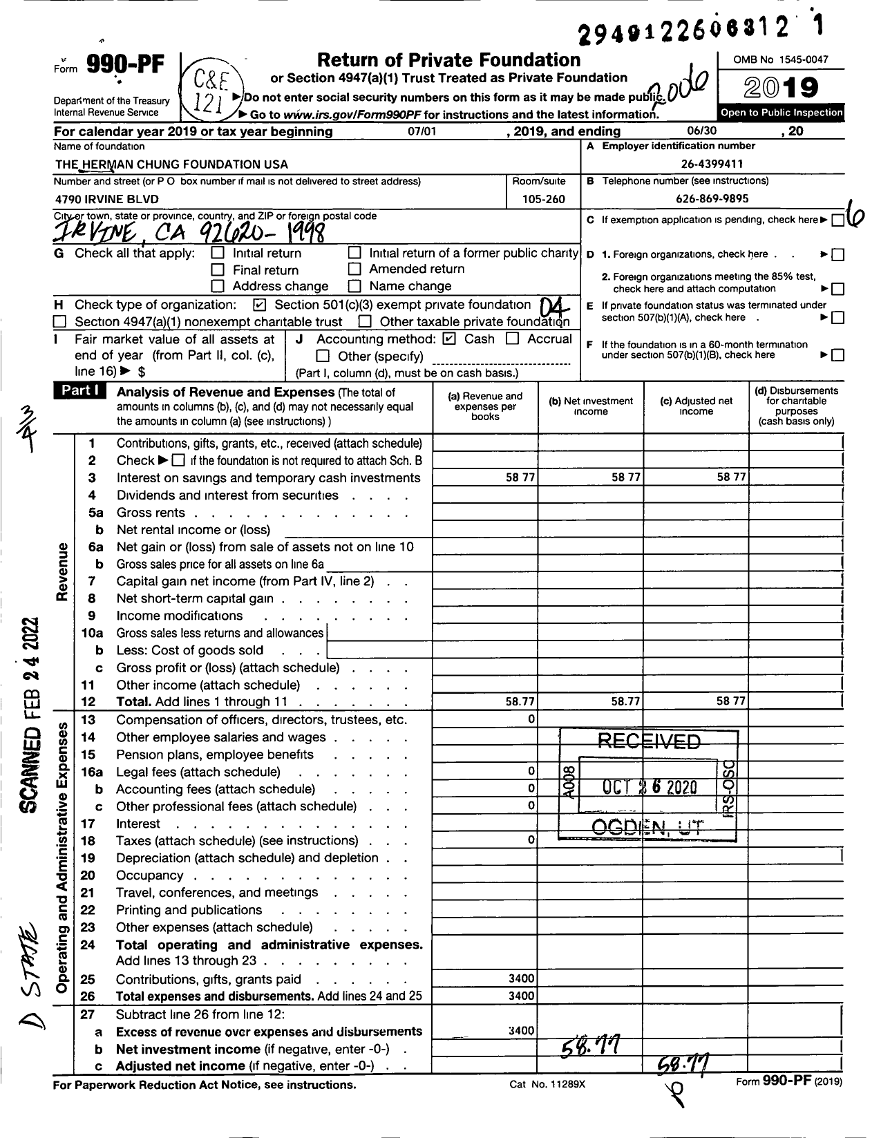 Image of first page of 2019 Form 990PF for Herman Chung Foundation USA