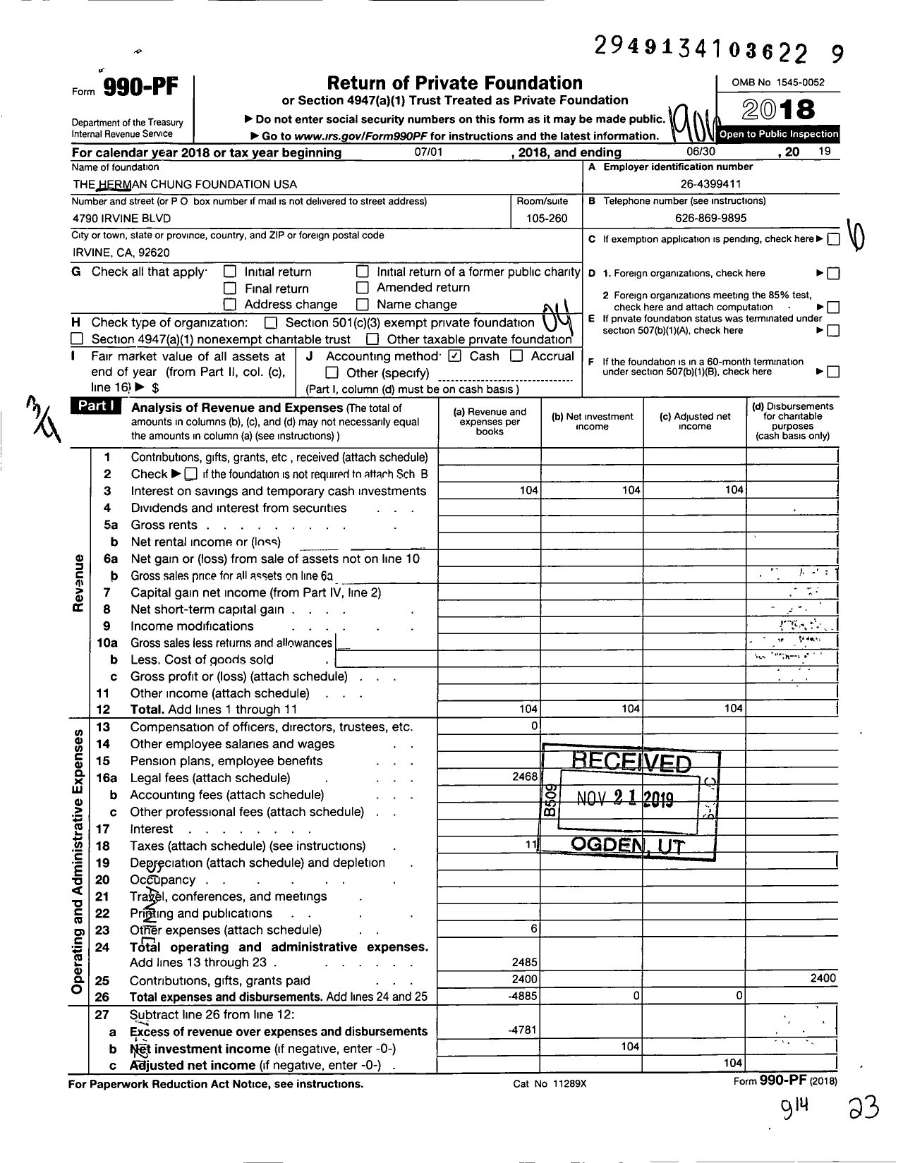Image of first page of 2018 Form 990PF for Herman Chung Foundation USA
