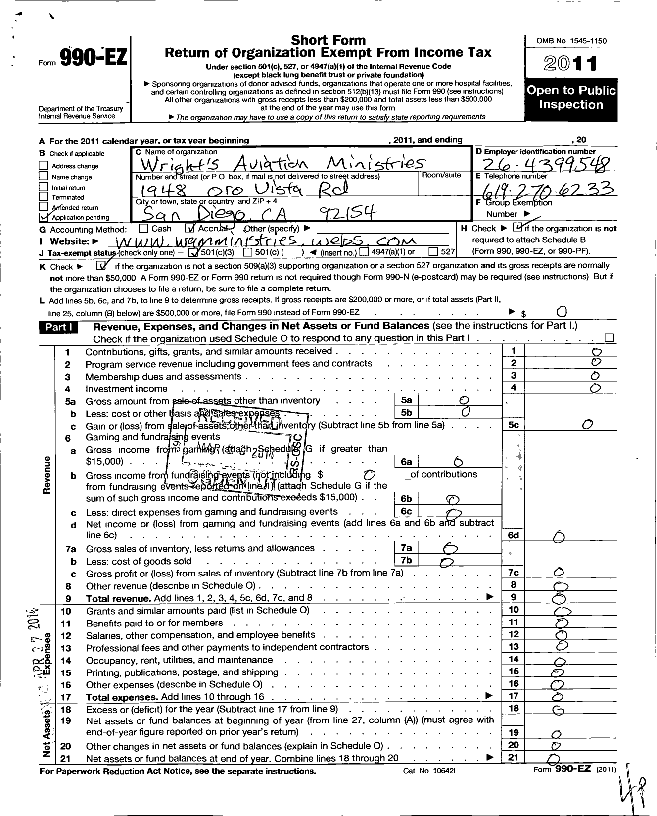 Image of first page of 2011 Form 990EZ for Wrights Aviation Ministries