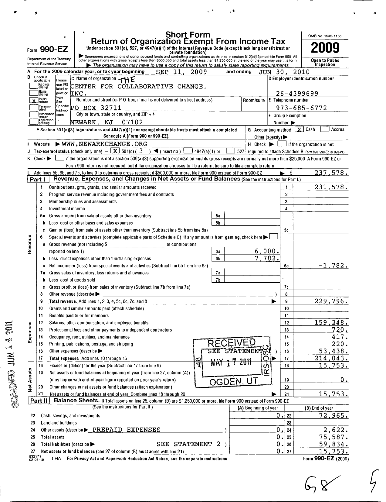Image of first page of 2009 Form 990EZ for Center for Collaborative Change