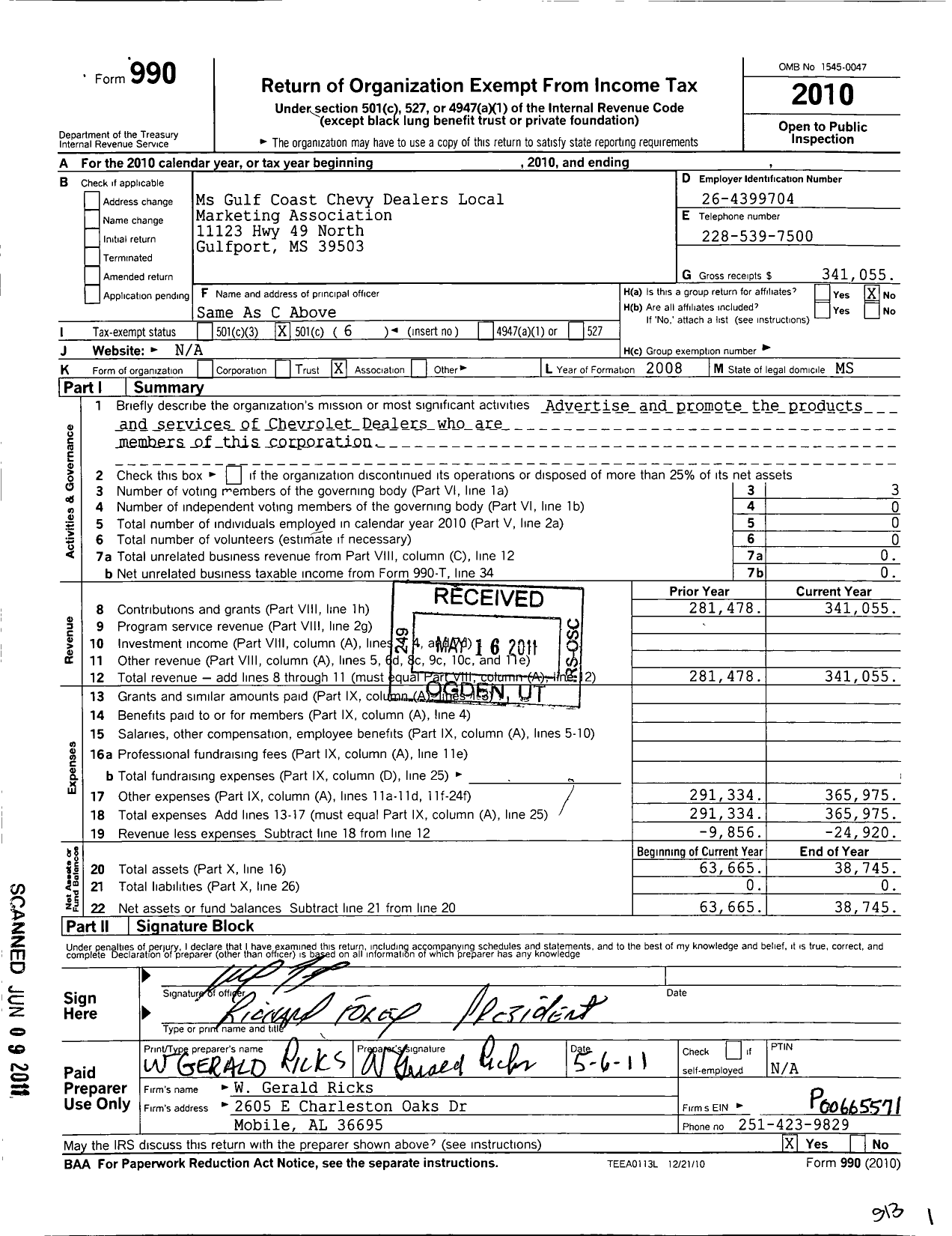 Image of first page of 2010 Form 990O for MS Gulf Coast Chevy Dealers Local Marketing Association