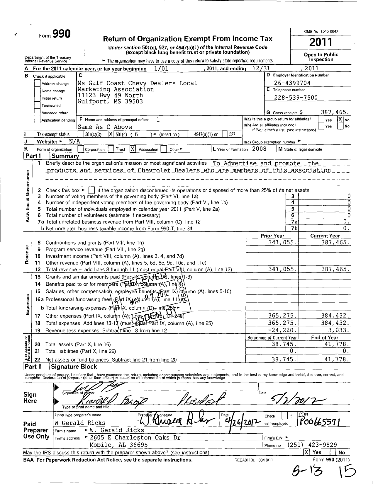 Image of first page of 2011 Form 990O for MS Gulf Coast Chevy Dealers Local Marketing Association