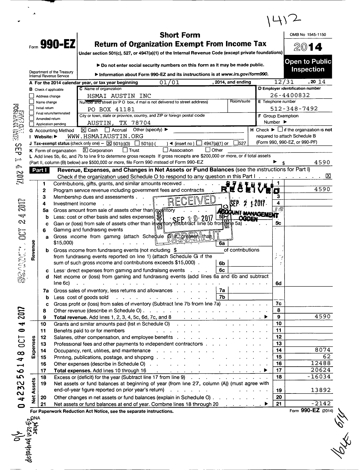 Image of first page of 2014 Form 990EZ for Hsmai Austin Chapter