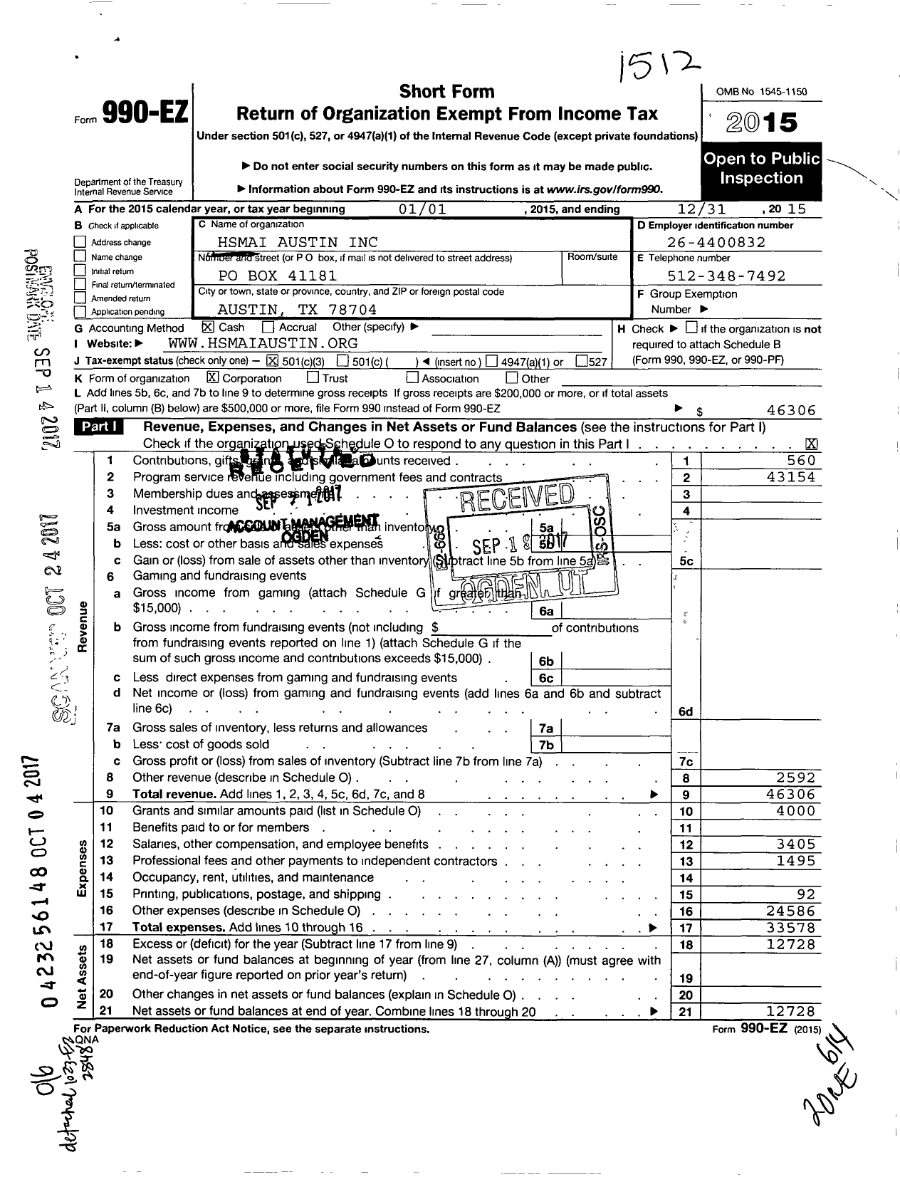 Image of first page of 2015 Form 990EZ for Hsmai Austin Chapter