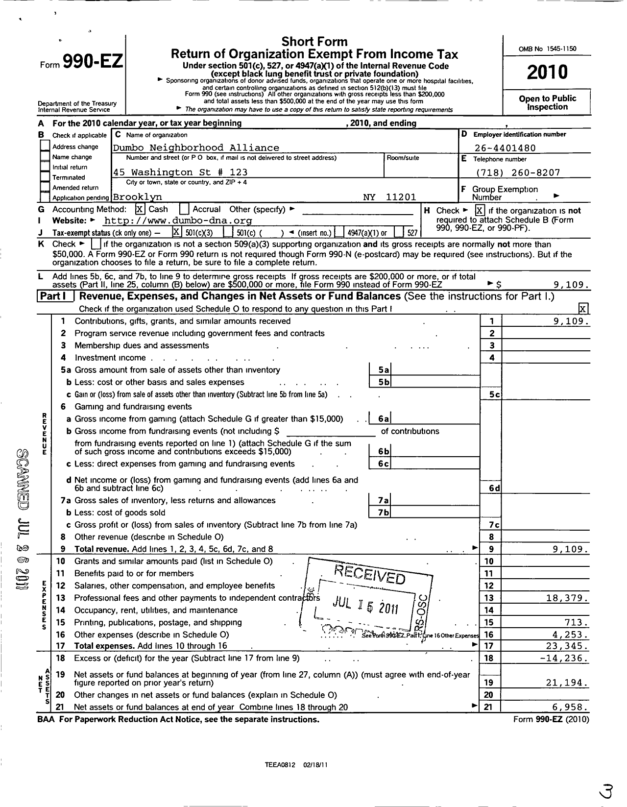 Image of first page of 2010 Form 990EZ for Dumbo Neighborhood Alliance