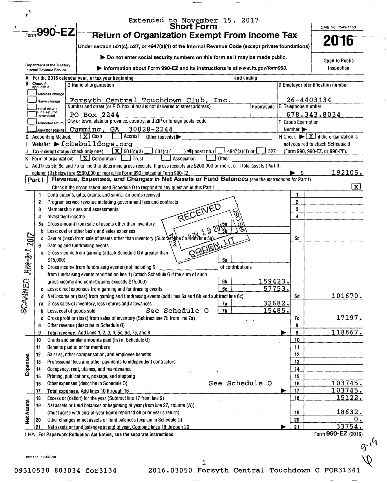 Image of first page of 2016 Form 990EZ for Forsyth Central Touchdown Club