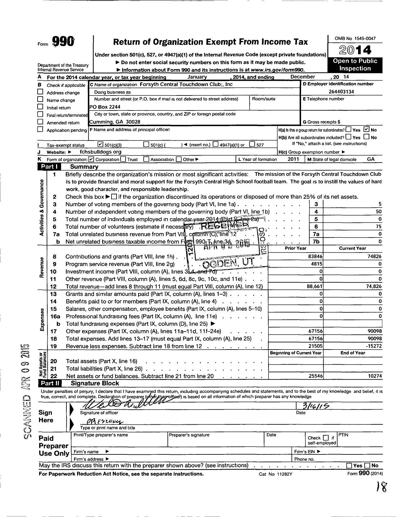 Image of first page of 2014 Form 990 for Forsyth Central Touchdown Club