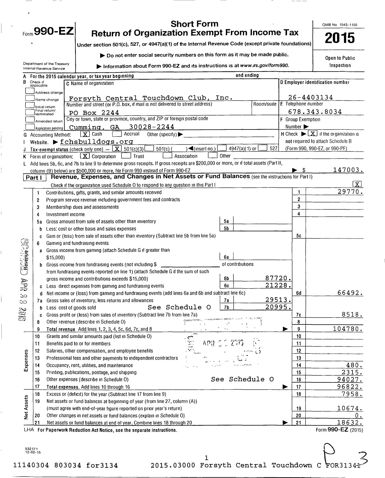 Image of first page of 2015 Form 990EZ for Forsyth Central Touchdown Club