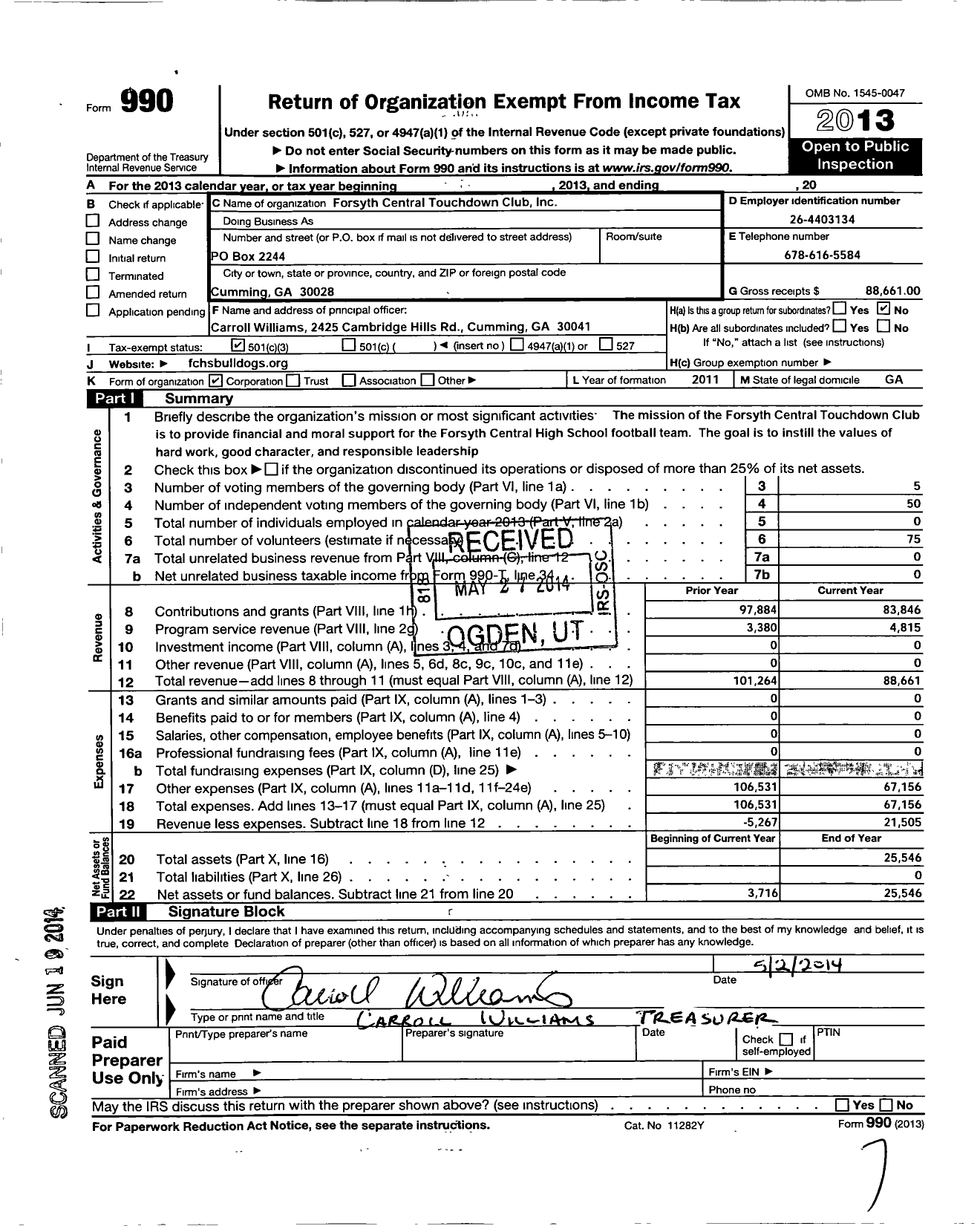 Image of first page of 2013 Form 990 for Forsyth Central Touchdown Club