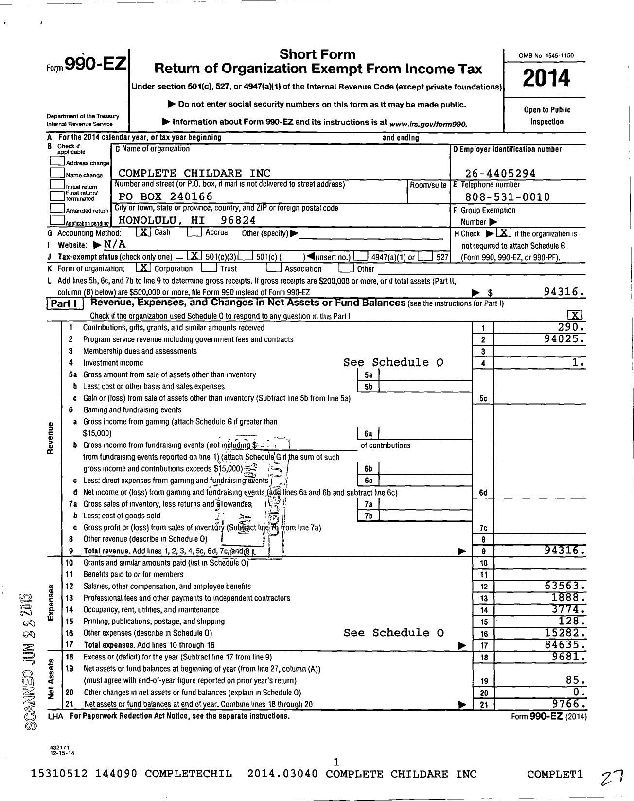 Image of first page of 2014 Form 990EZ for Complete Childcare