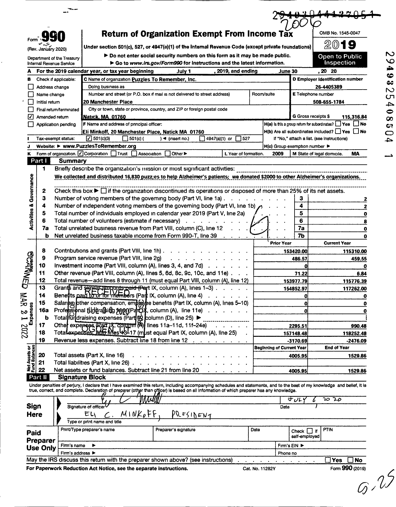 Image of first page of 2019 Form 990 for Puzzles To Remember