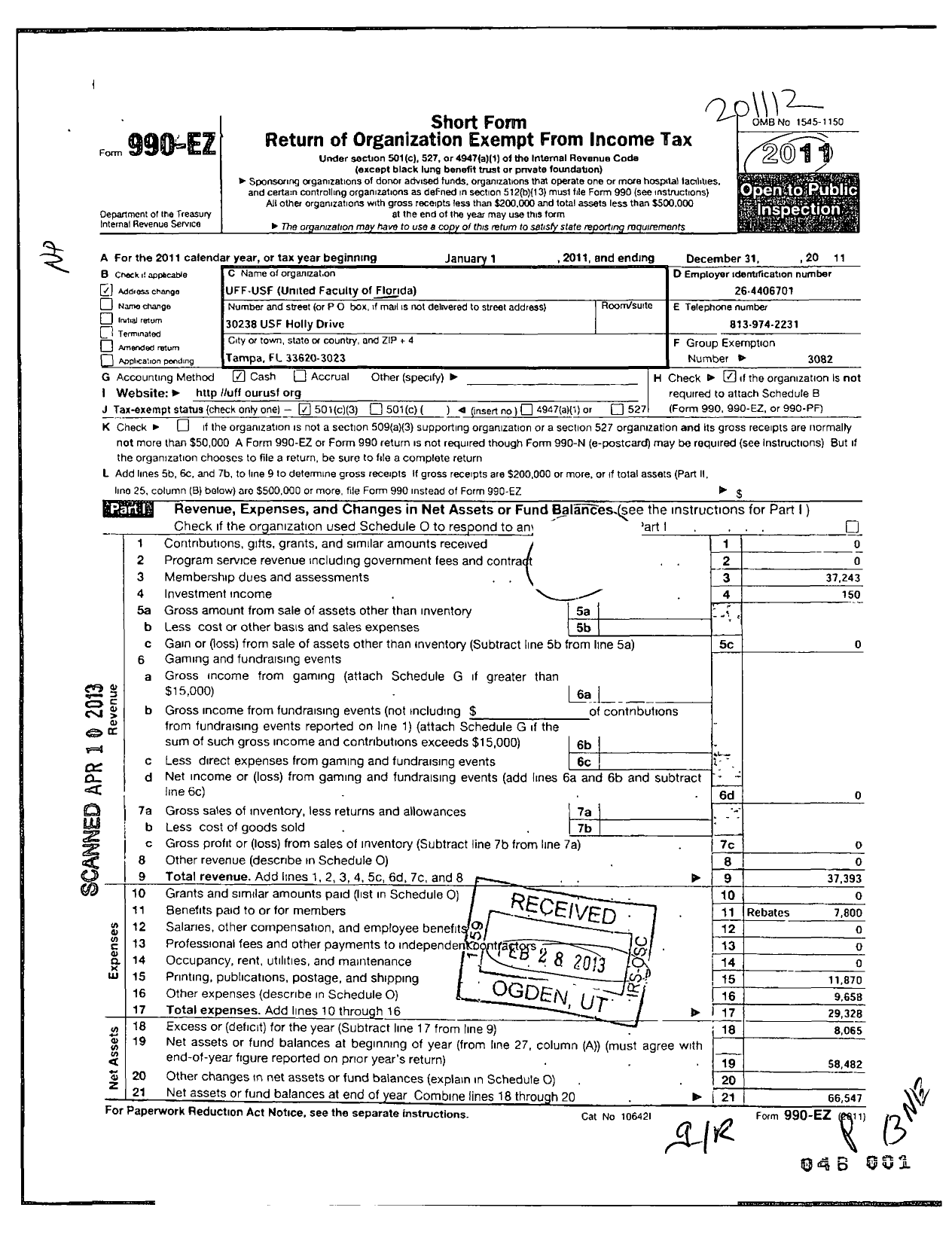 Image of first page of 2011 Form 990EZ for Florida Education Association / Uff-Usf