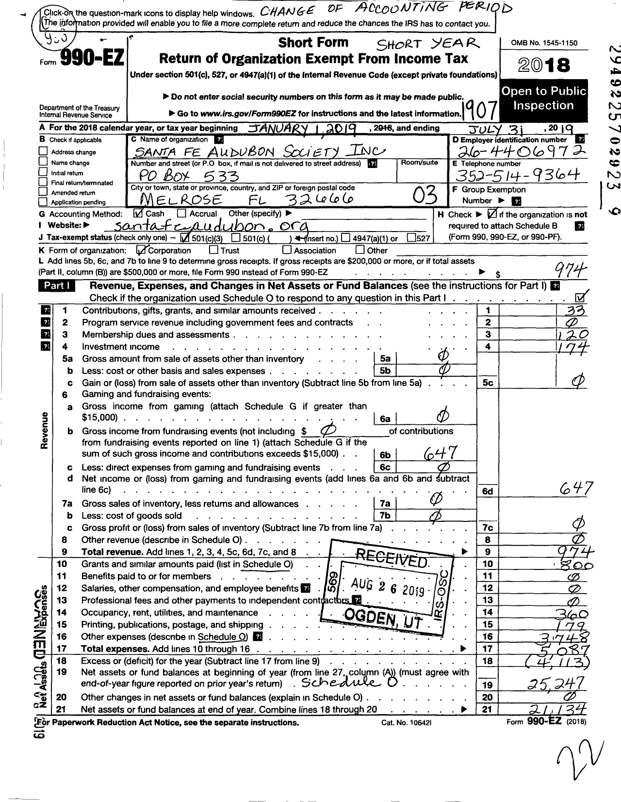 Image of first page of 2018 Form 990EZ for Santa Fe Audubon Society Incorporated