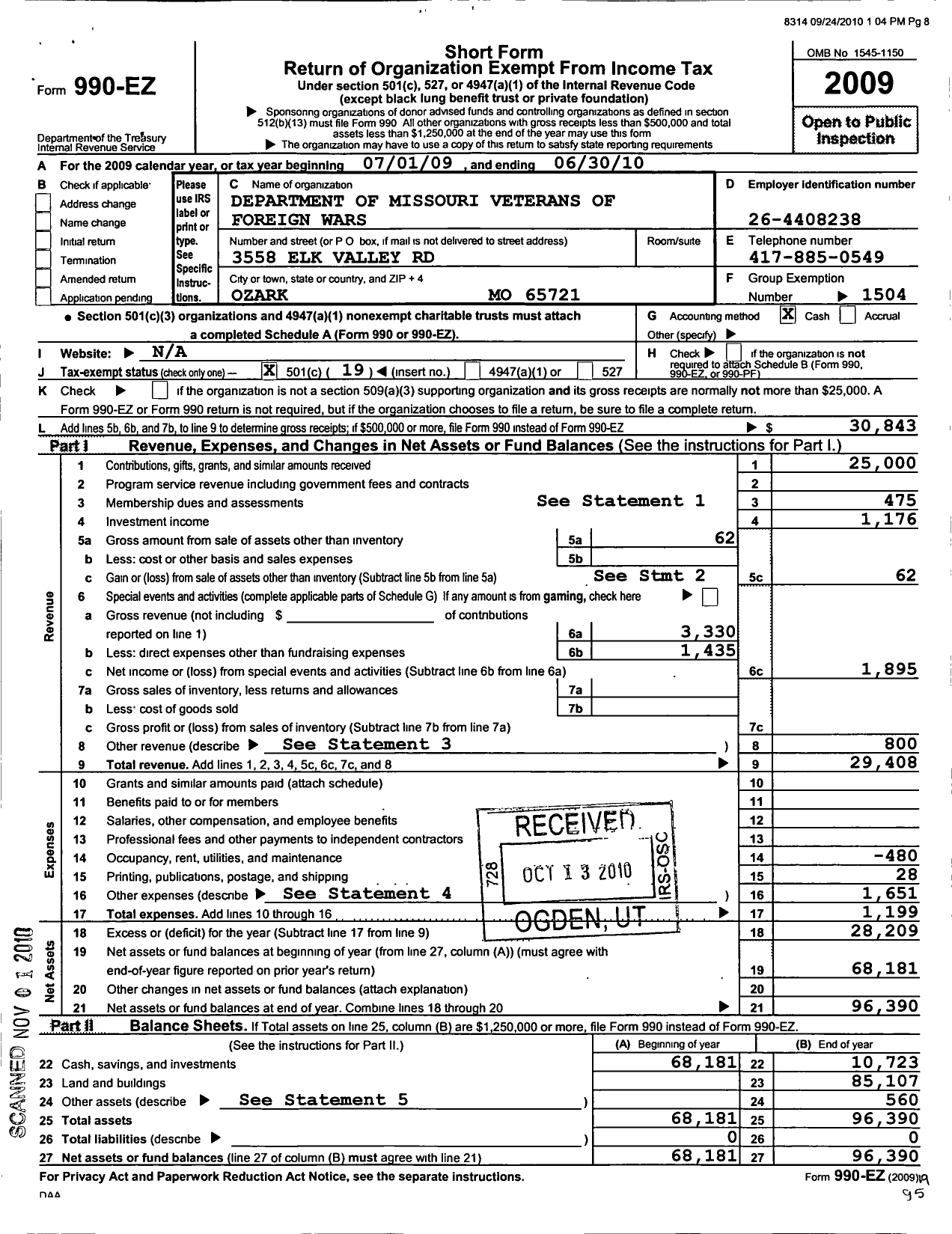 Image of first page of 2009 Form 990EO for VFW Missouri - 12078 VFW Post