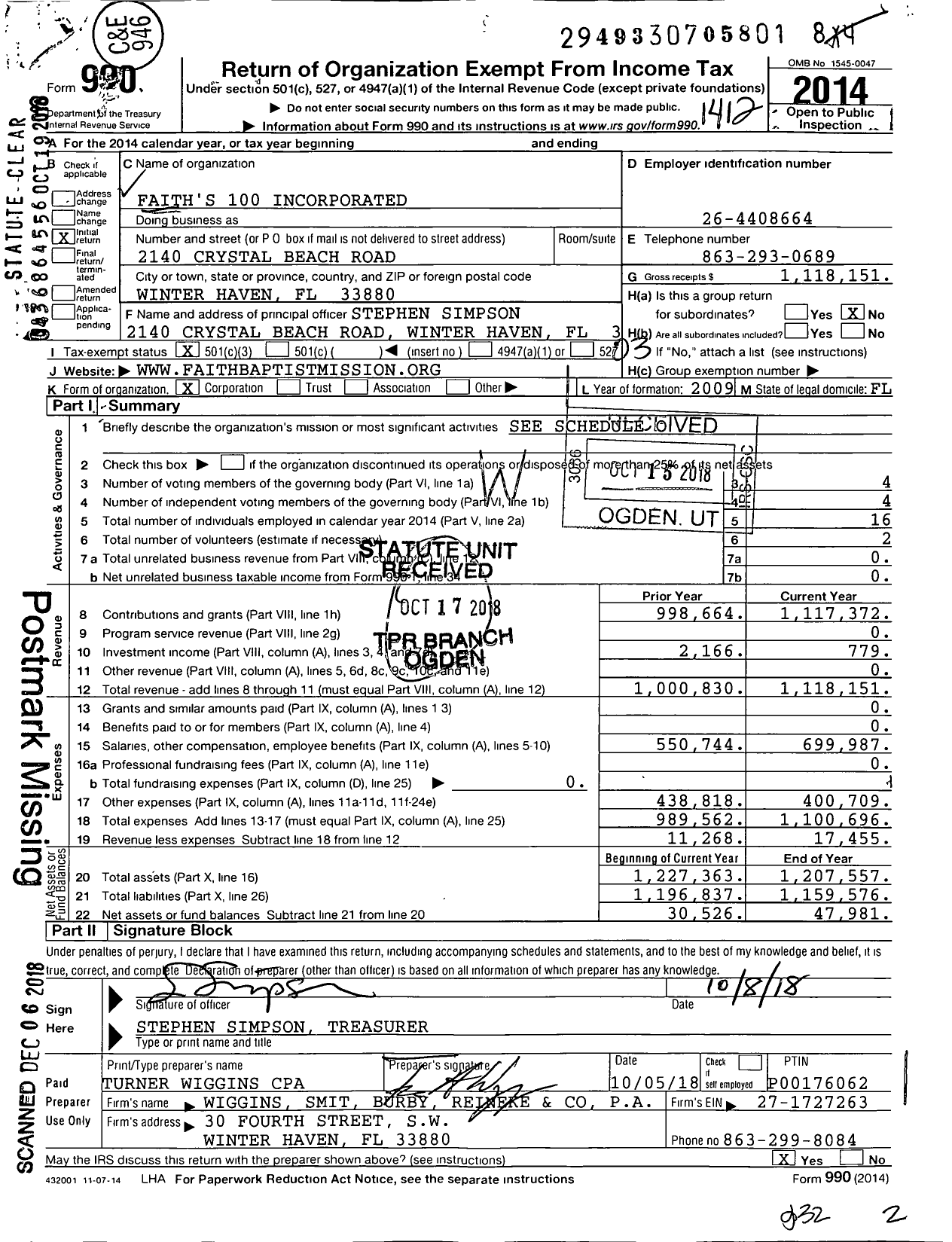 Image of first page of 2014 Form 990 for Faiths 100 Incorporated