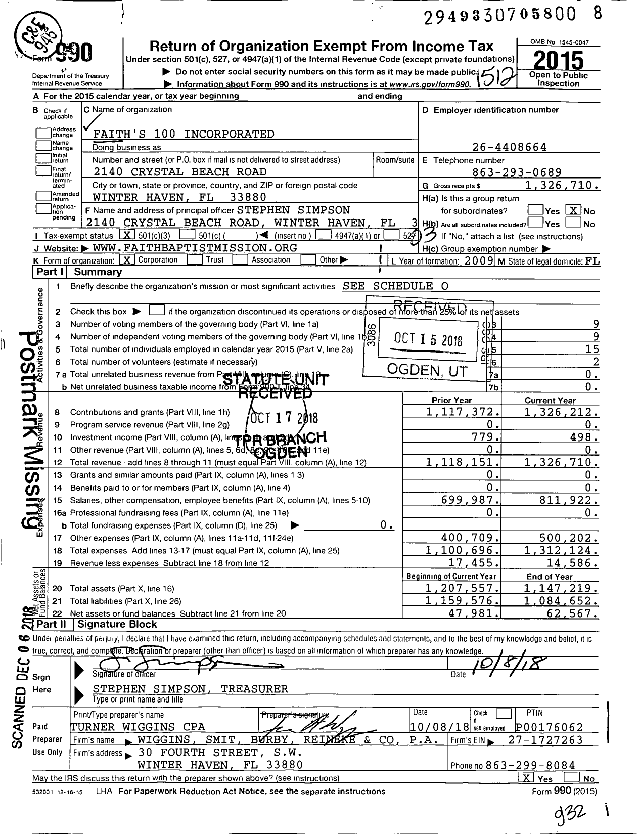 Image of first page of 2015 Form 990 for Faiths 100 Incorporated