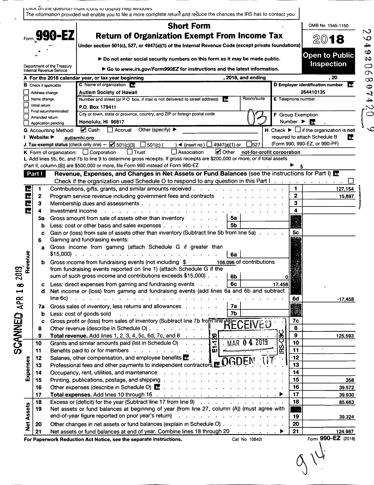 Image of first page of 2018 Form 990EZ for The Autism Society of Hawaii