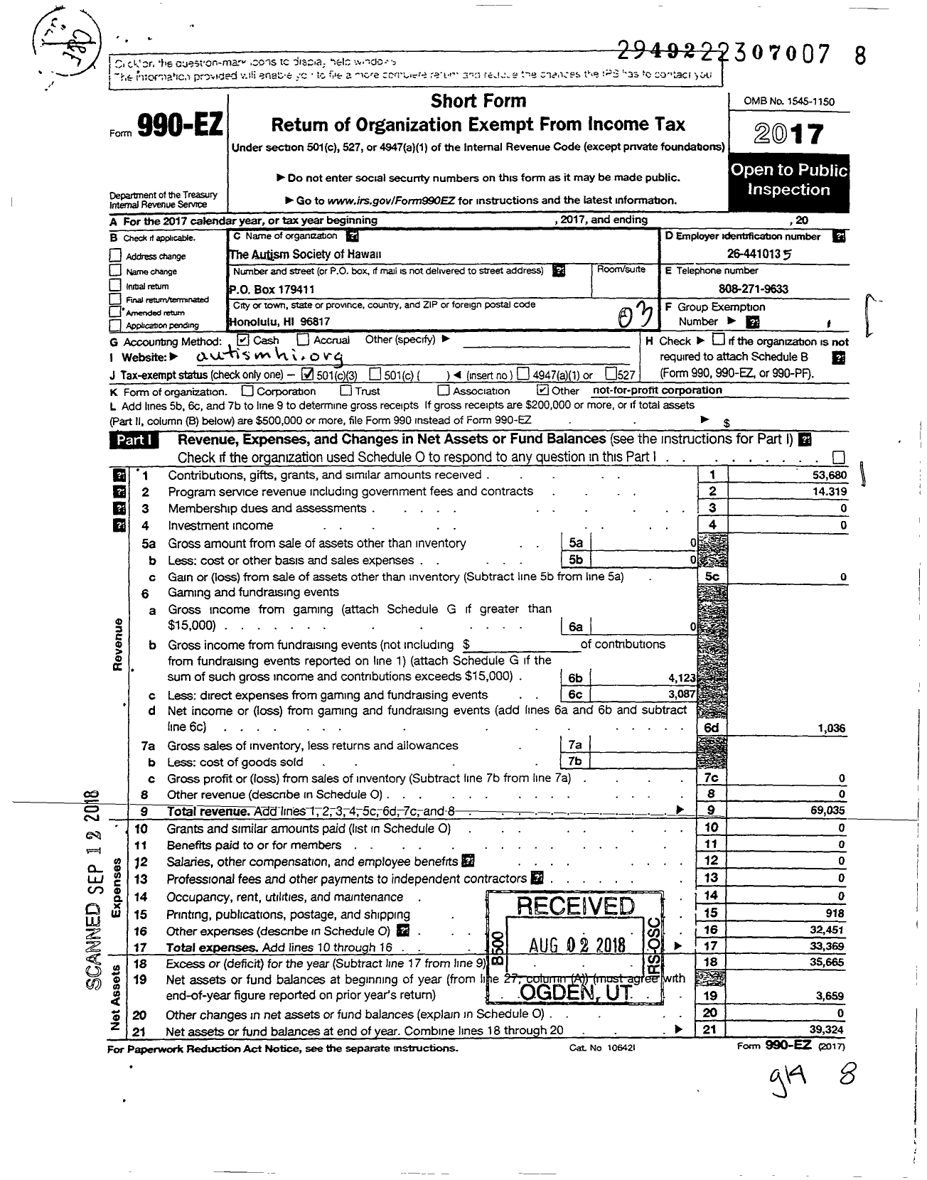 Image of first page of 2017 Form 990EZ for The Autism Society of Hawaii