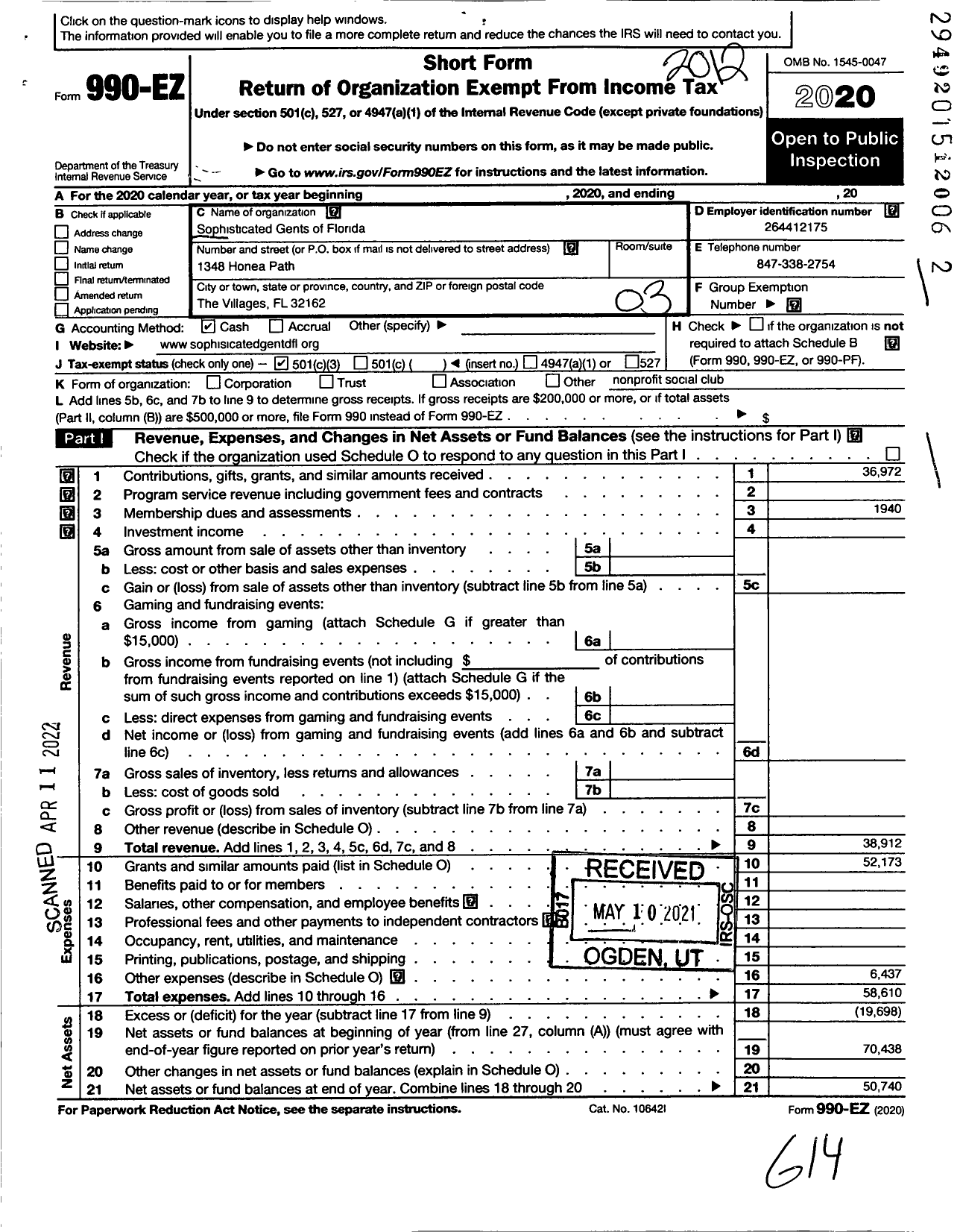 Image of first page of 2020 Form 990EZ for Sophisticated Gents of Florida