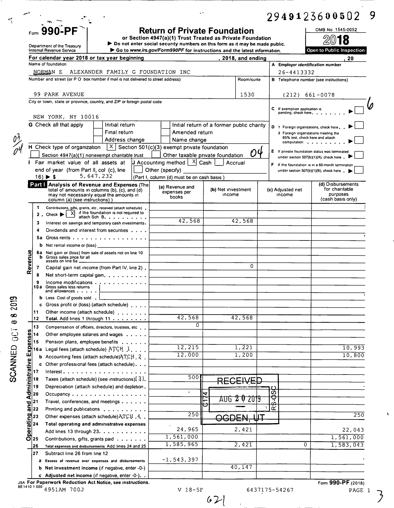 Image of first page of 2018 Form 990PF for Norman E Alexander Family G Foundation