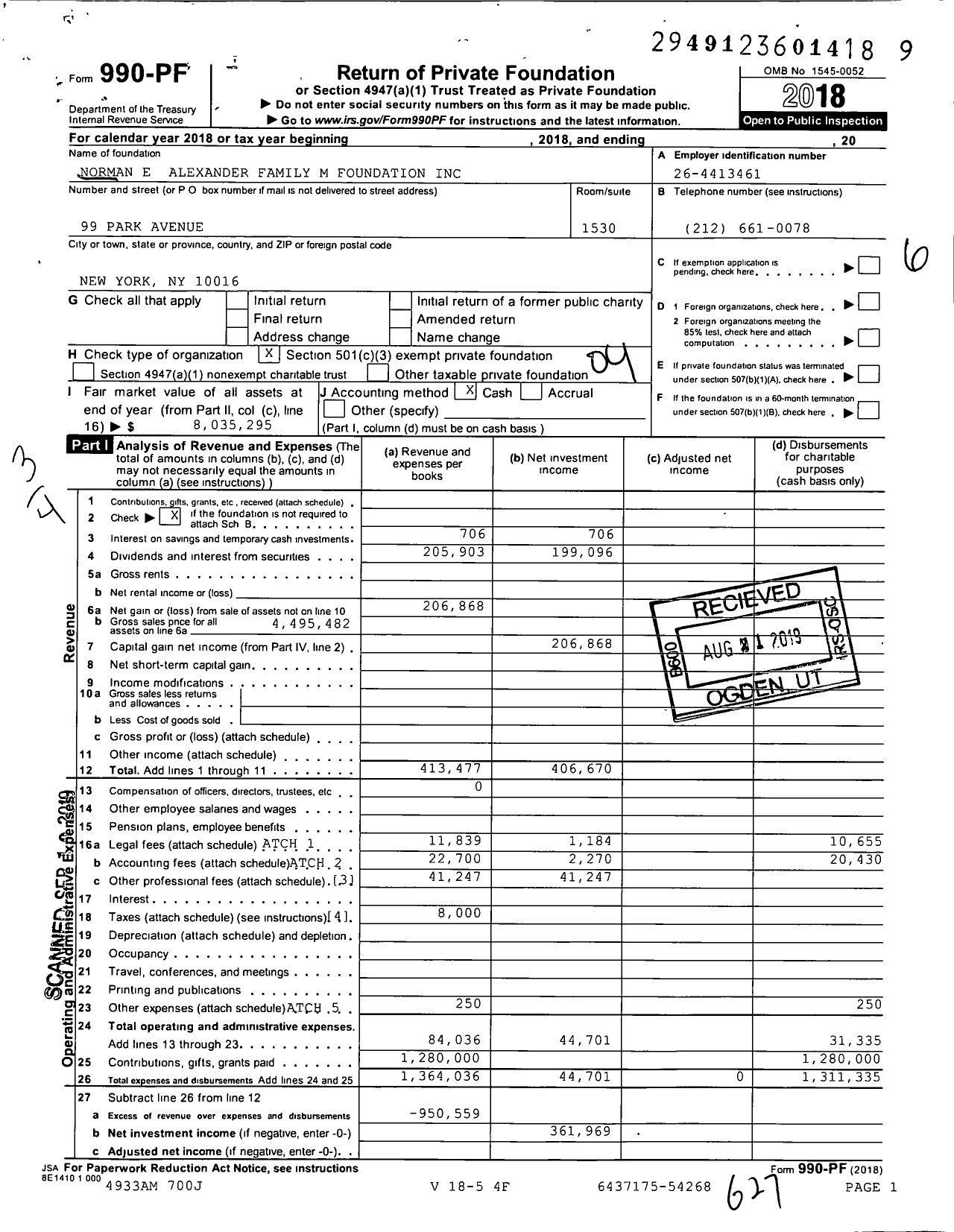 Image of first page of 2018 Form 990PF for Norman E Alexander Family M Foundation