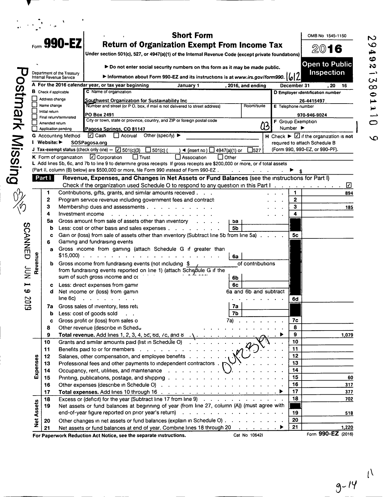 Image of first page of 2016 Form 990EZ for Southwest Organization for Sustainability (SOS)