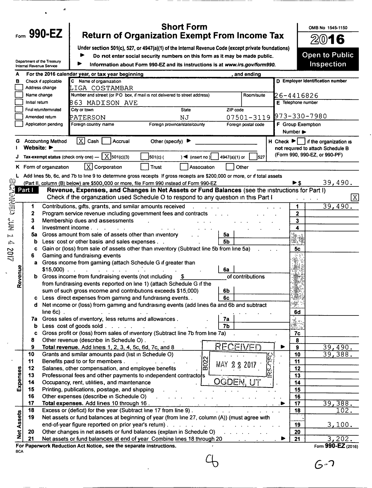 Image of first page of 2016 Form 990EZ for Liga Costambar