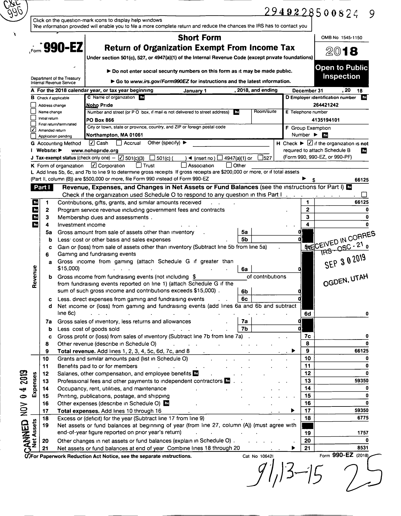 Image of first page of 2018 Form 990EZ for Noho Pride