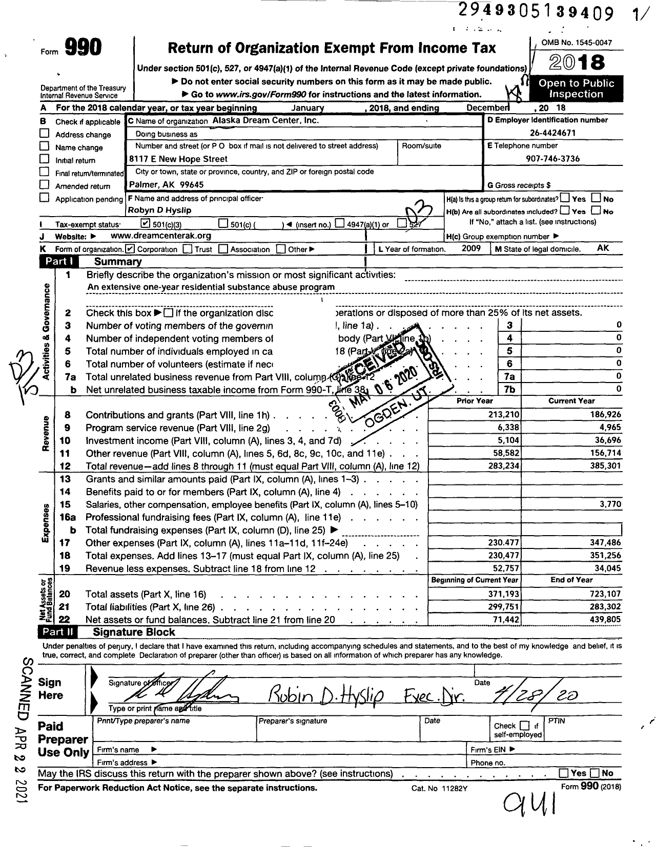 Image of first page of 2018 Form 990 for Alaska Dream Center