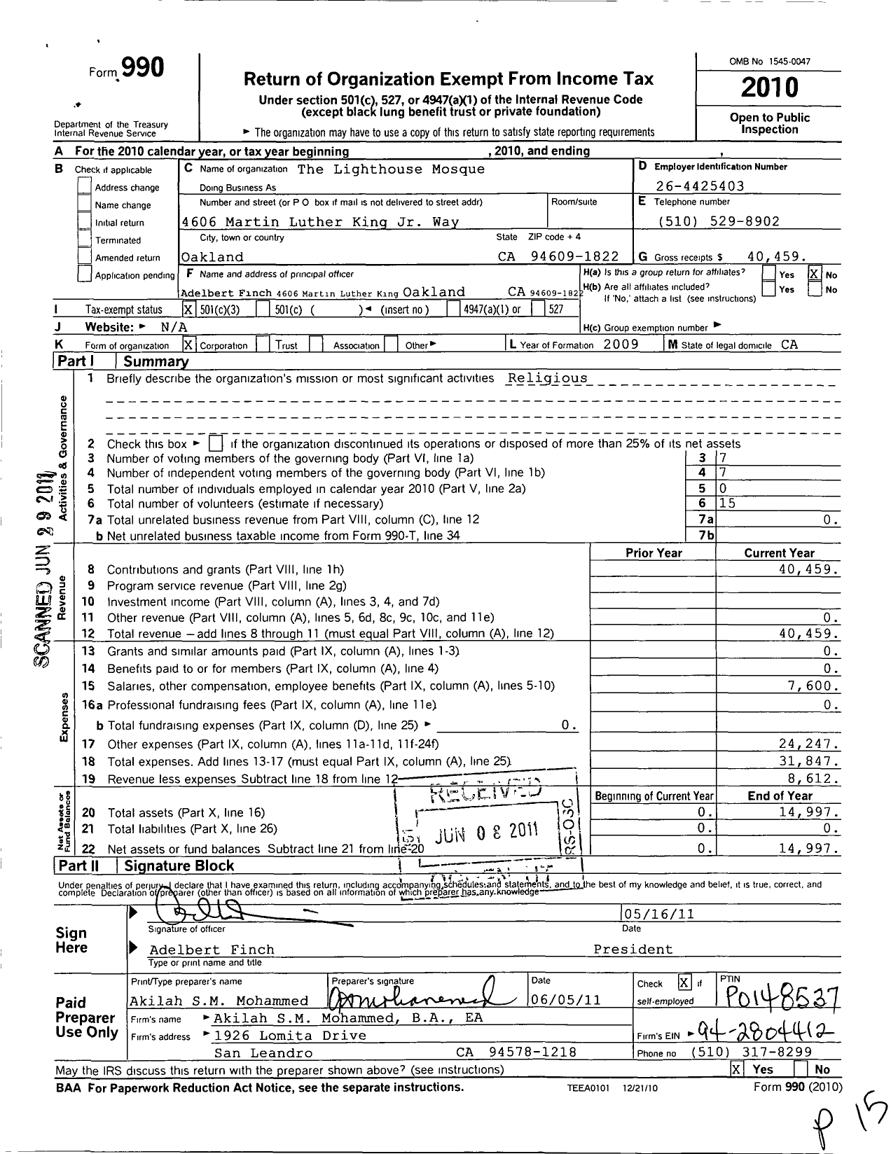 Image of first page of 2010 Form 990 for The Lighthouse Mosque