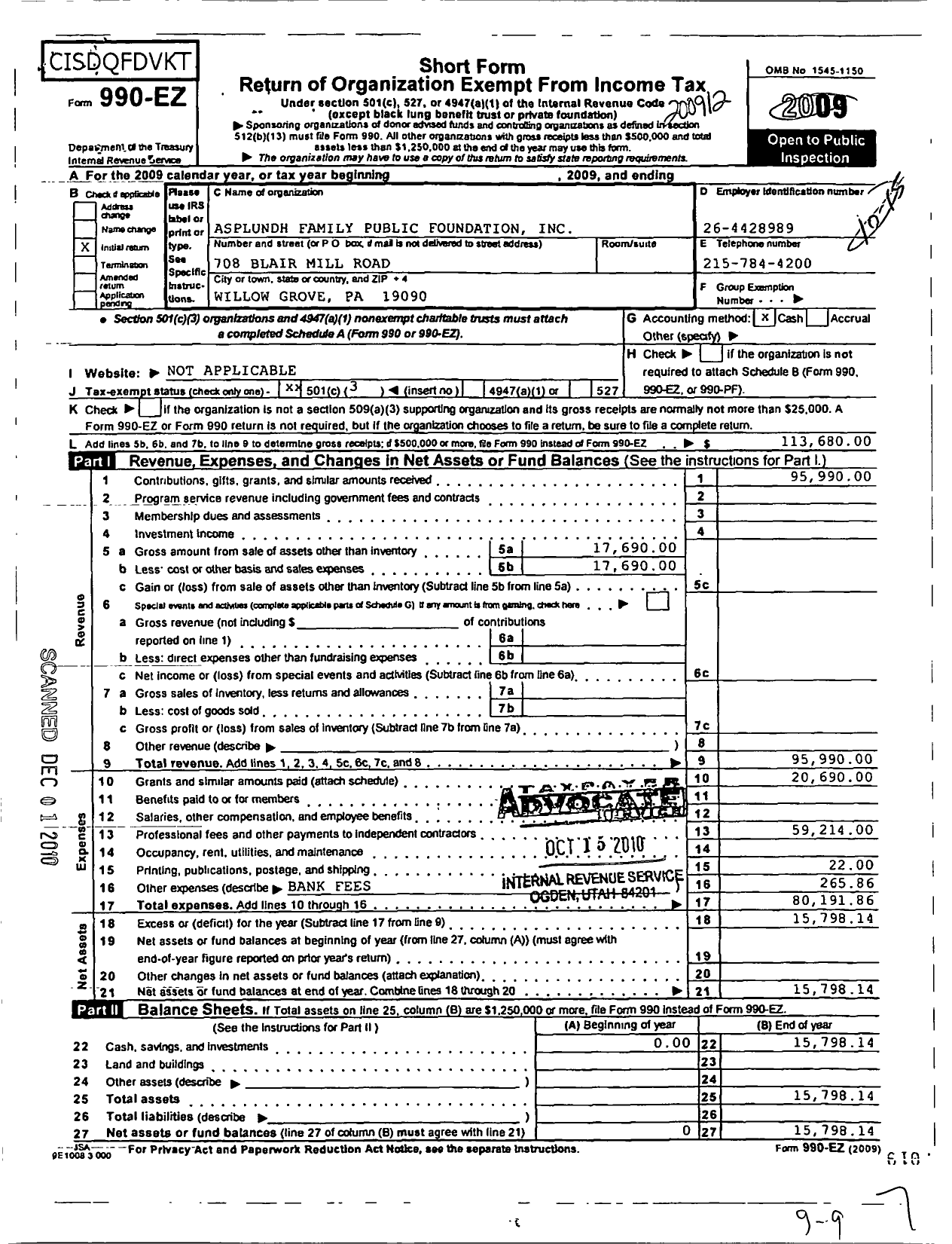 Image of first page of 2009 Form 990EZ for Asplundh Family Public Foundation