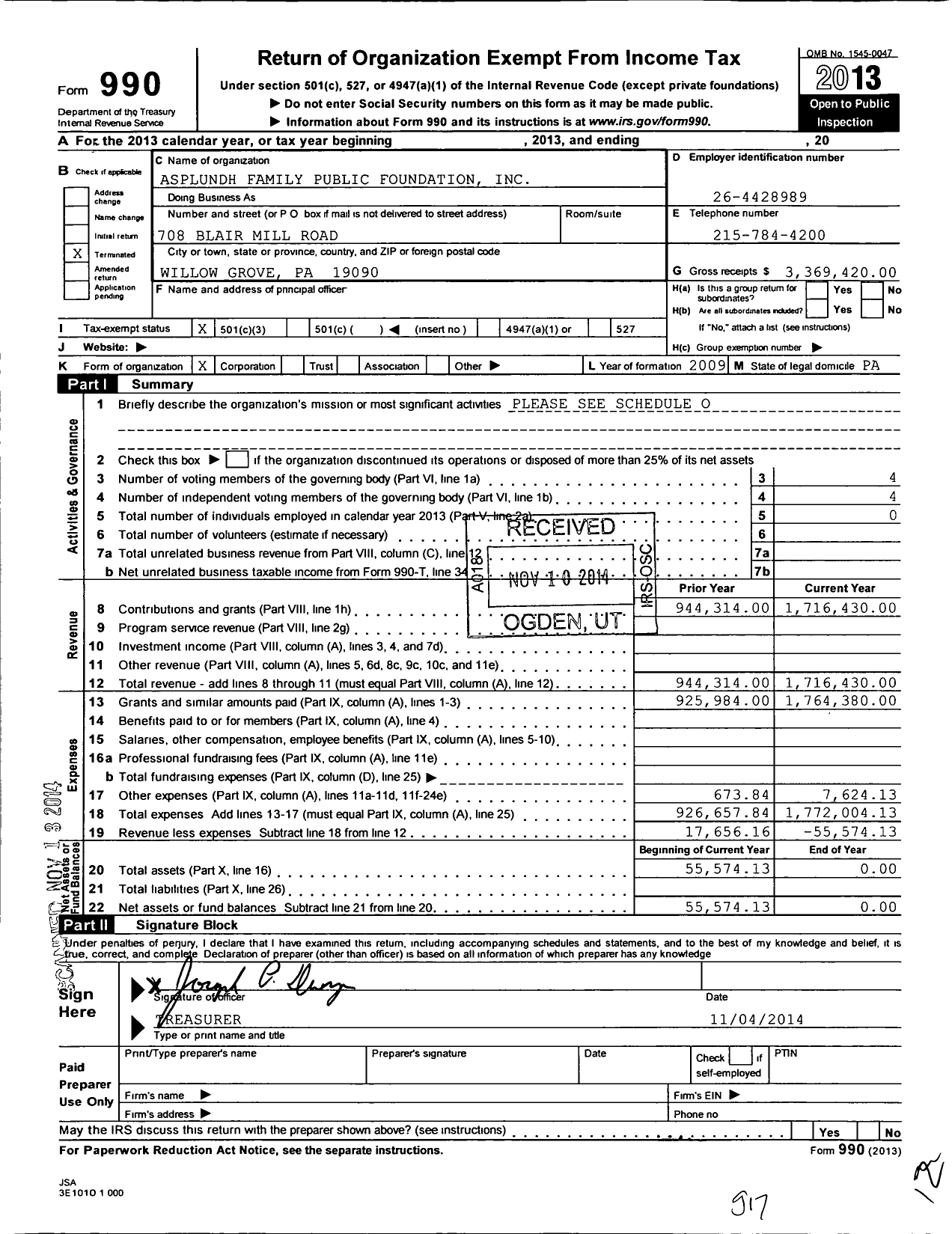 Image of first page of 2013 Form 990 for Asplundh Family Public Foundation