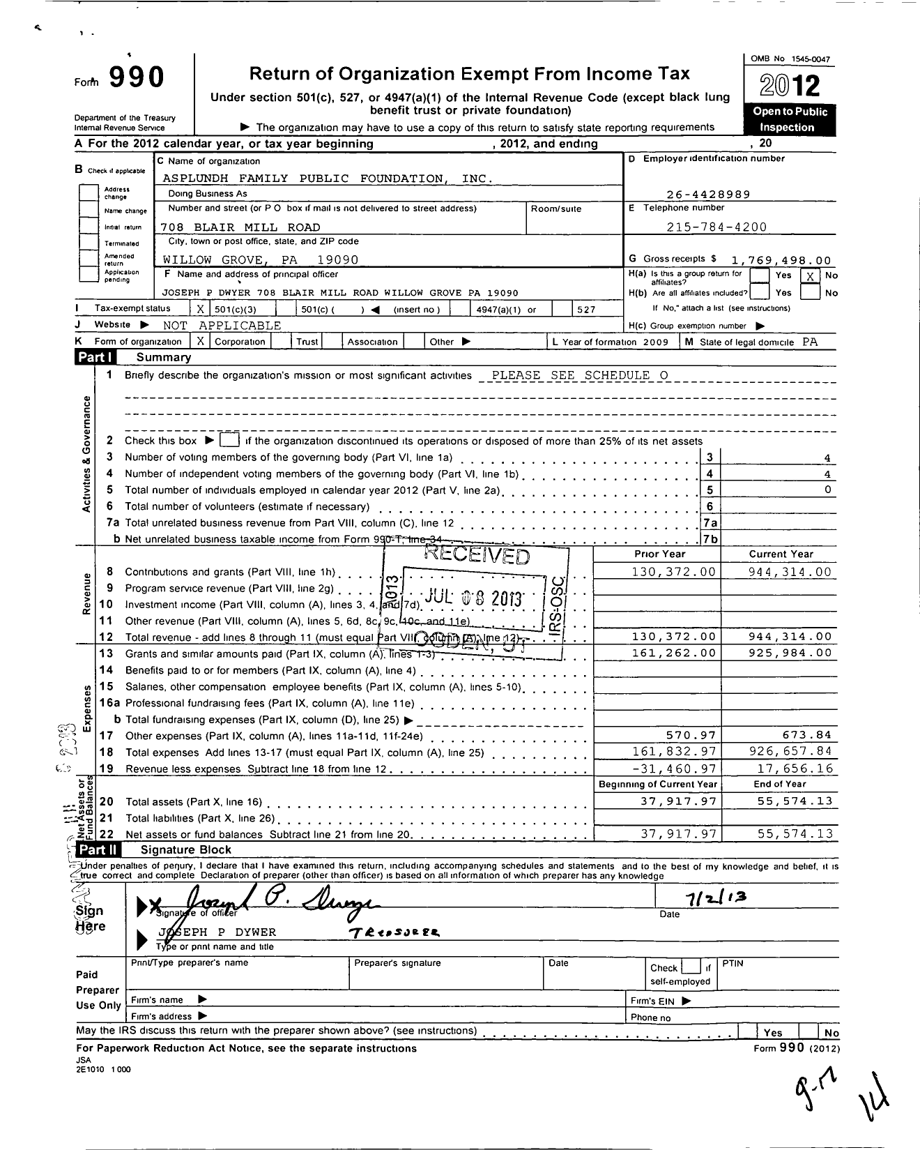 Image of first page of 2012 Form 990 for Asplundh Family Public Foundation