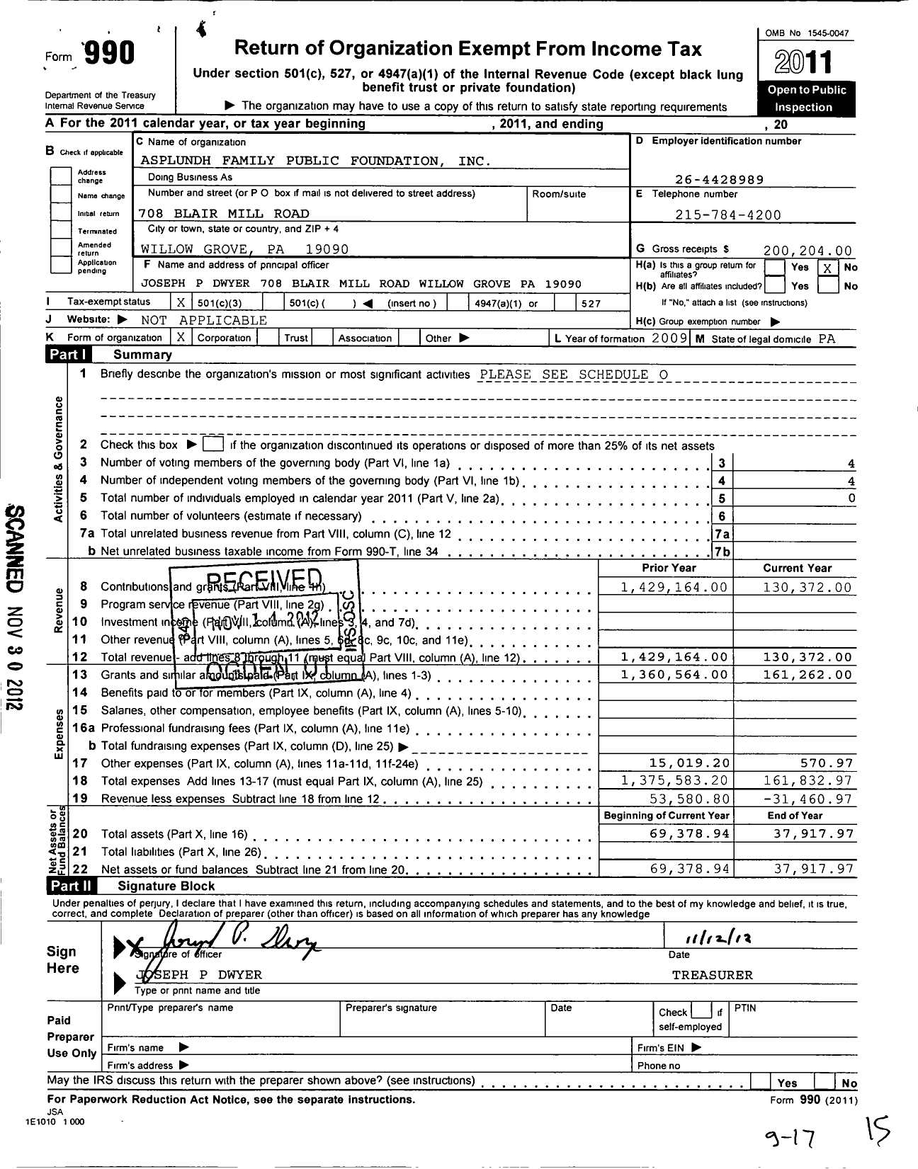 Image of first page of 2011 Form 990 for Asplundh Family Public Foundation