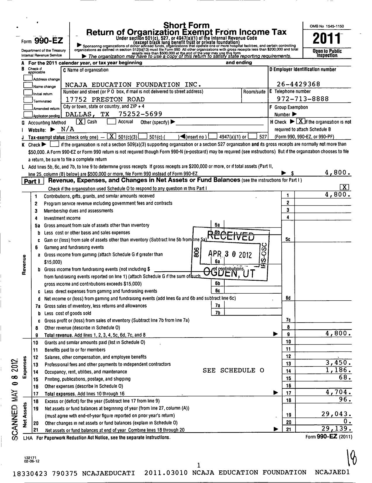 Image of first page of 2011 Form 990EZ for Ncaja Education Foundation