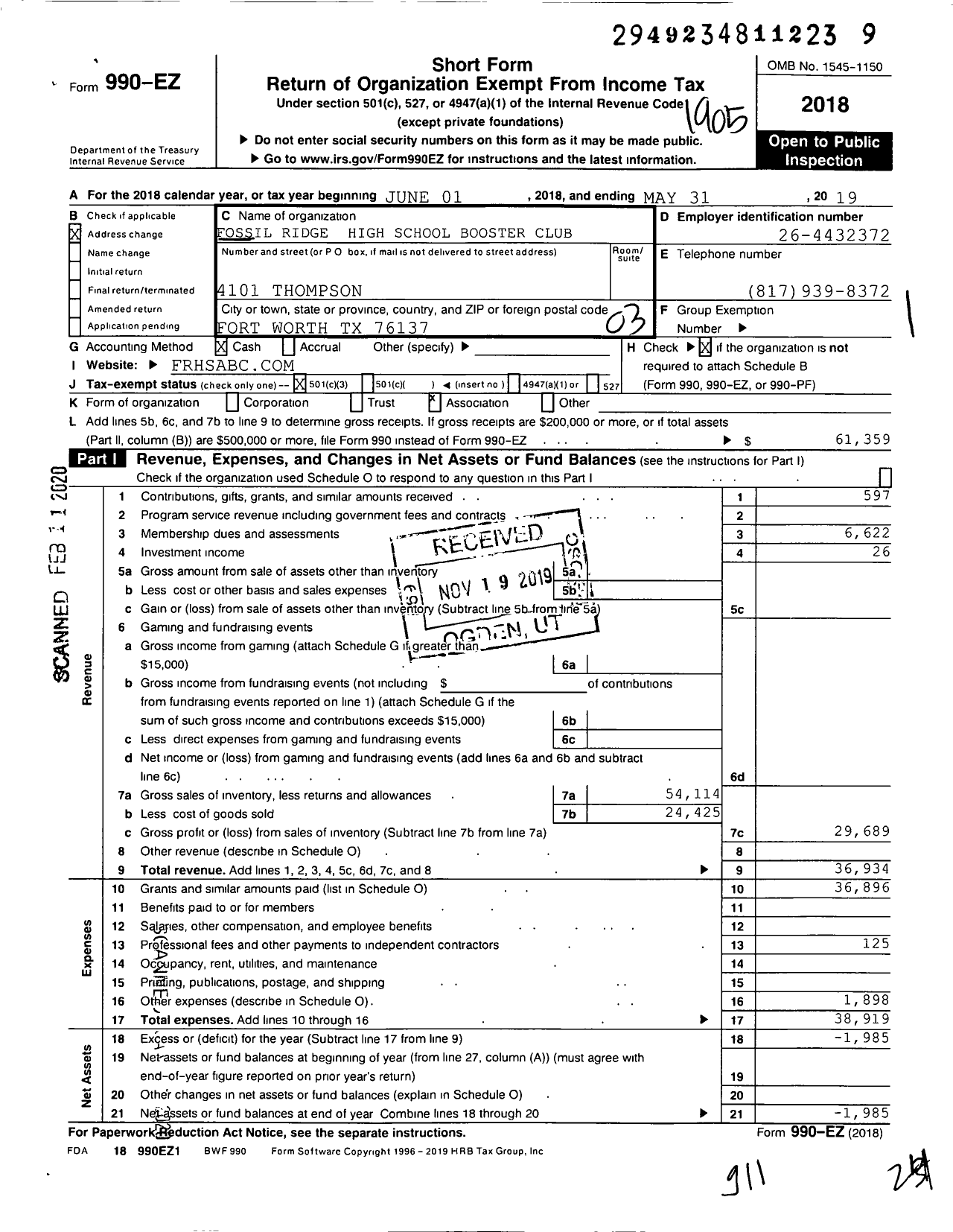 Image of first page of 2018 Form 990EZ for Fossil Ridge High School Athletic Boosters Club