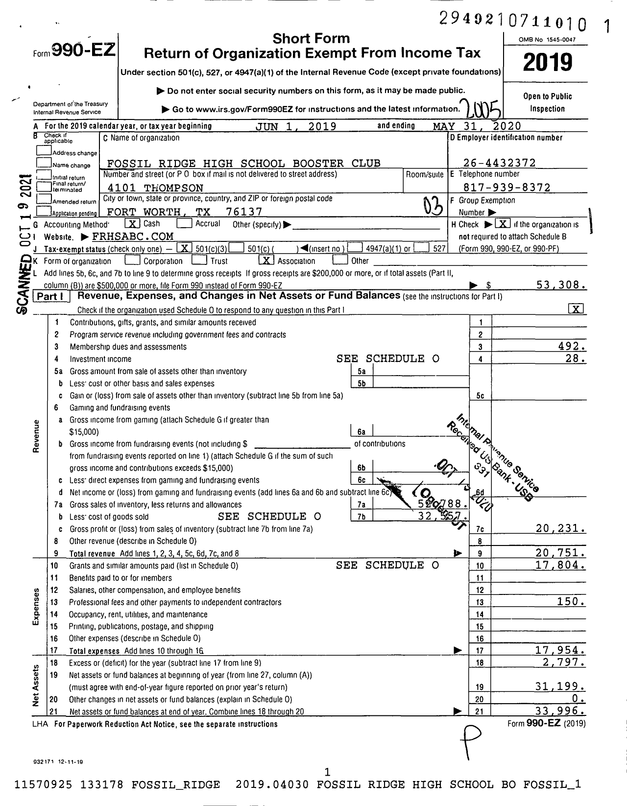 Image of first page of 2019 Form 990EZ for Fossil Ridge High School Athletic Boosters Club